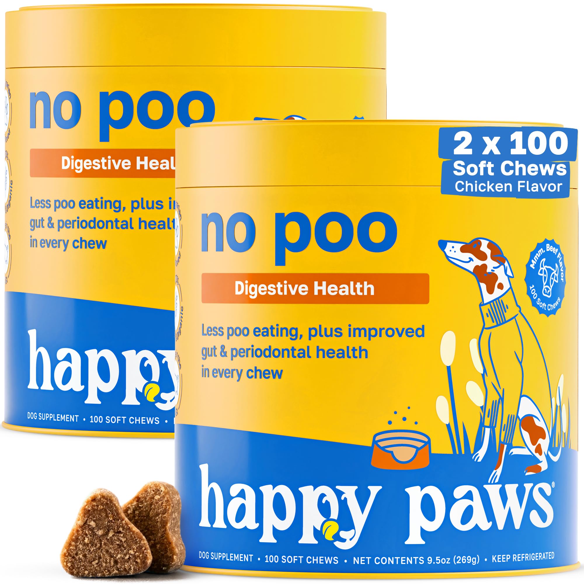 Happy Paws No Poo Chews for Dogs, Stool Eating Deterrent, Soft Chews for Dogs with Bromelain, Pumpkin, Probiotics & Enzyme Blend
