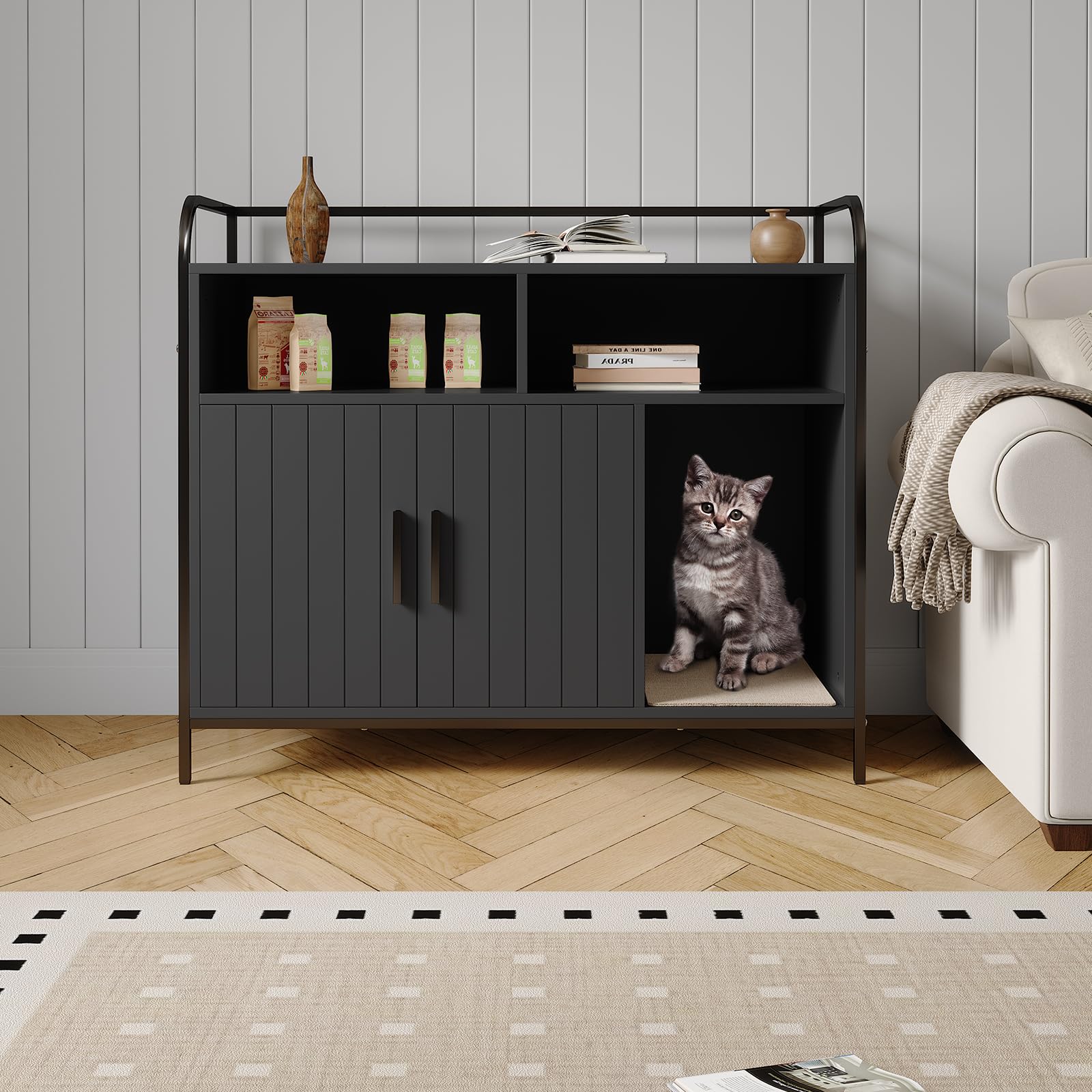 GarveeHome Cat Litter Box Enclosure with Metal Frame and Dual Storage Shelves, Modern Hidden Litter Box Furniture Indoor Cat Hou