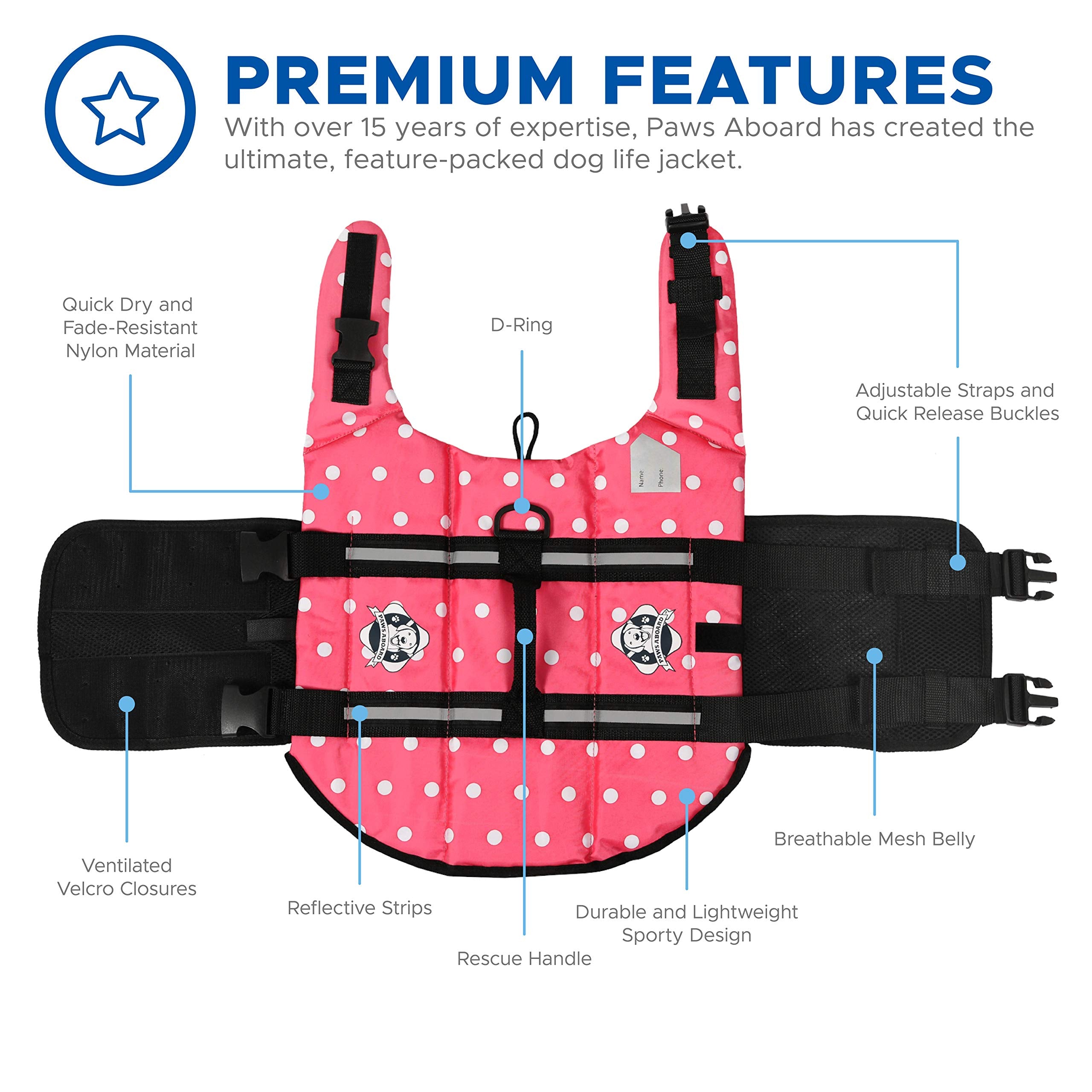 Paws Aboard Dog Life Jacket - Keep Your Canine Safe with a Neoprene Life Vest for Swimming and Boating - Available in Different Sizes, Color and Design to Choose - Pink & White Polka Dot, Medium