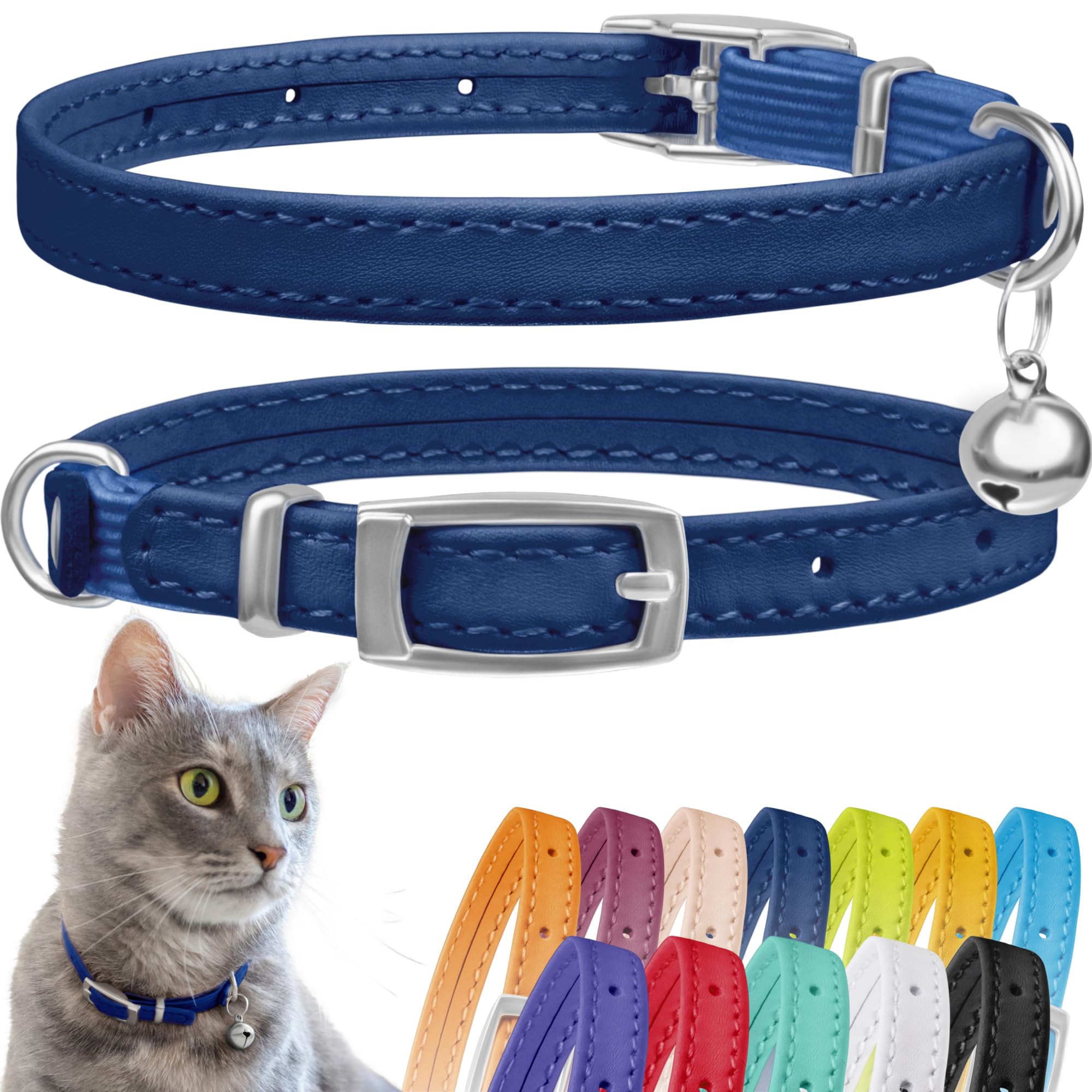 Collardirect Leather Cat Collar With Bell - Kitten Collar, Small And Big Cat Collar For Boy Cats, Girl Cats With Safety Elastic 