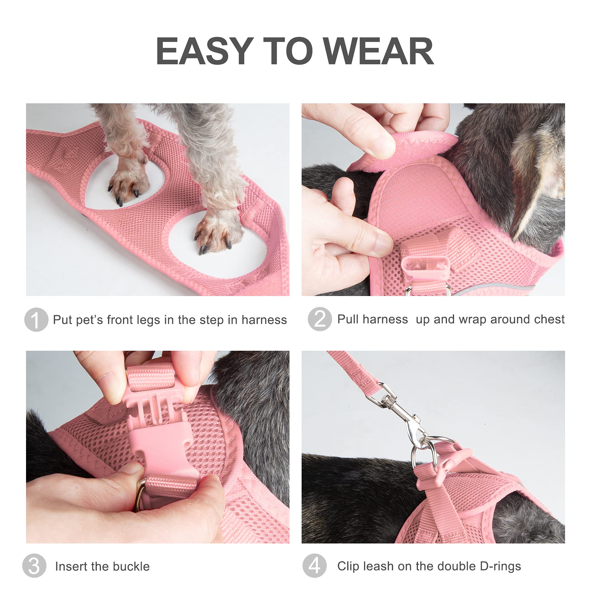 Petifine Step In Small Dog Harness And Leash Set, Breathable All Weather Air Mesh Reflective Escape Proof, Step-In Vest Harnesses For Puppy(Xs, Pink)