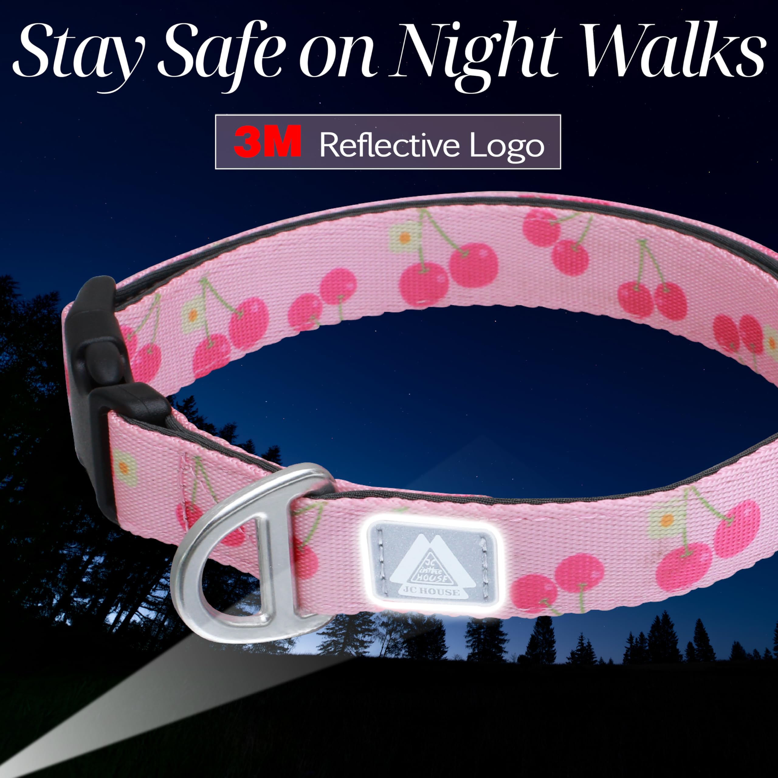 Jc House Small Dog Collar With Reflective Logo And Soft Padded Neoprene,Pink Cherry Design, Adjustable,Lightweight & Durable, Ne