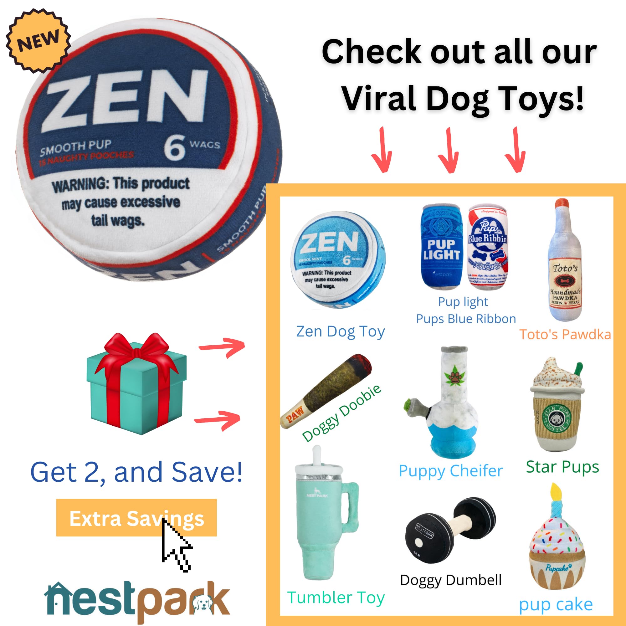 Nestpark Zen Pupper Deckies Parody Dog Toy - Plush Squeaky And Crinkle Funny Dog Toy (Smooth Pup)