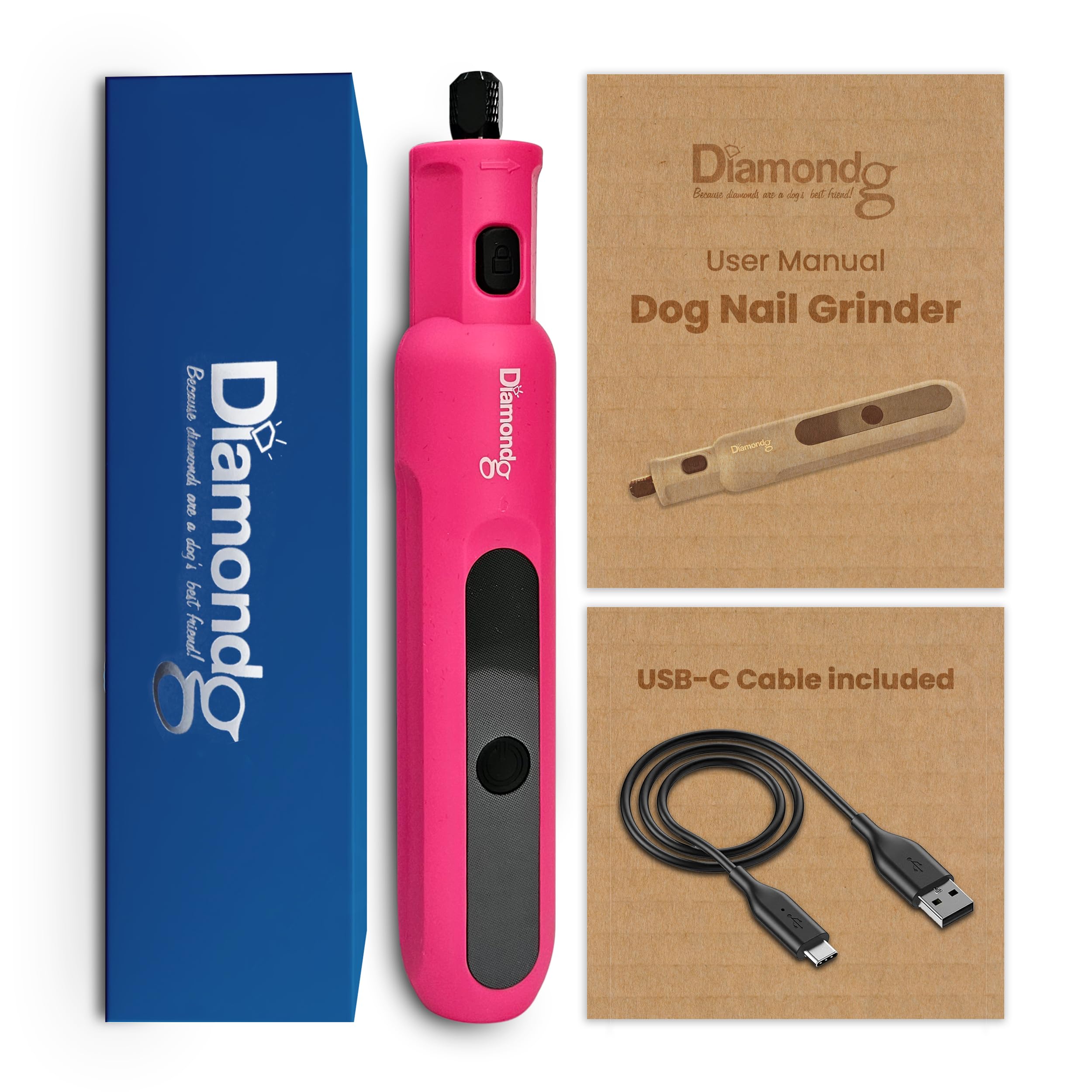 Diamondg Cordless Micro Dog Nail Grinder with Quiet Sound & LED Tip for Large & Small Dogs, 4hrs. Runtime - Electric Dog Nail Tr