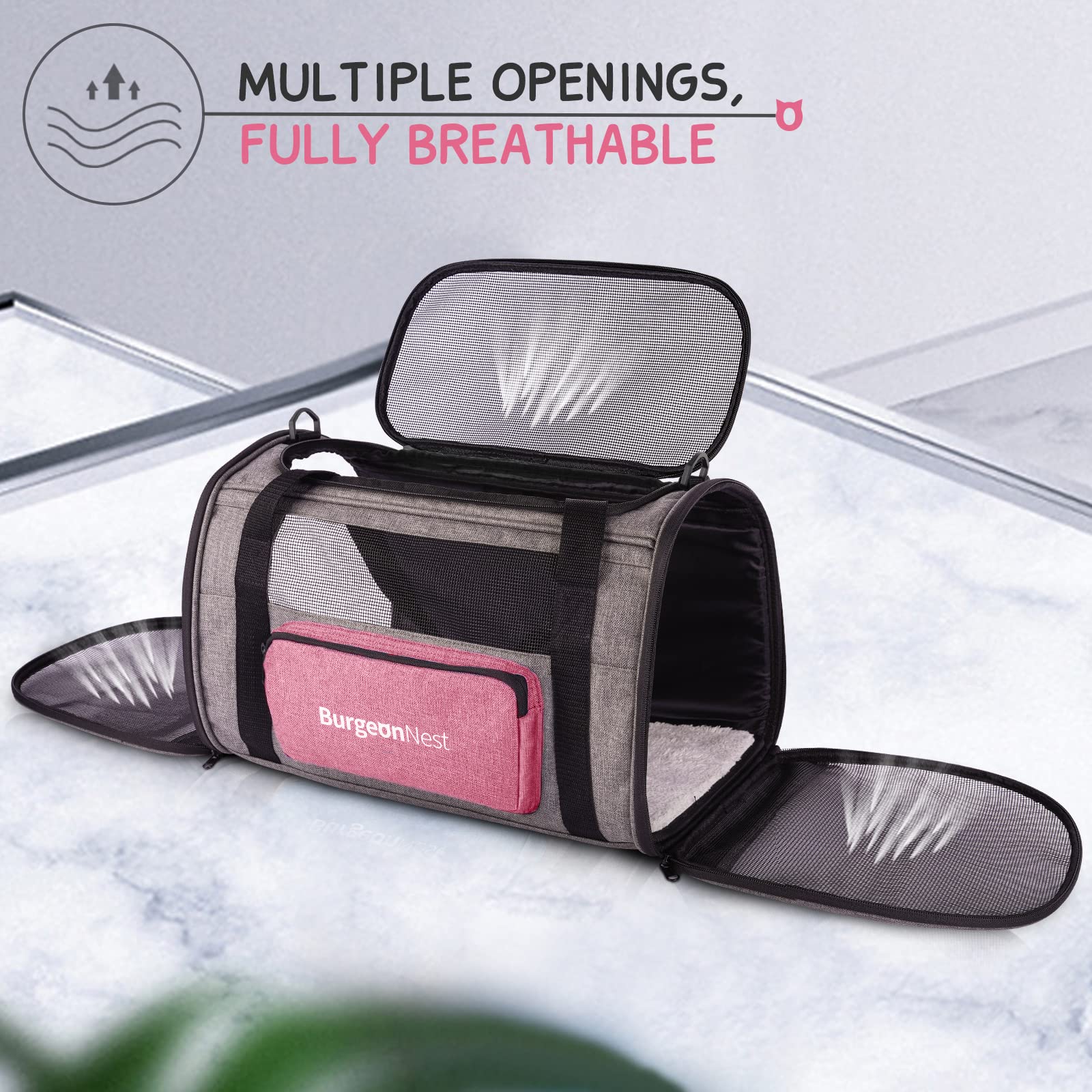 BurgeonNest Cat Carrier for Medium Cats, Soft-Sided, Escape Proof, Pink, Model CA-P-bag, with Unique Side Bag & 4 Ventilated Windows