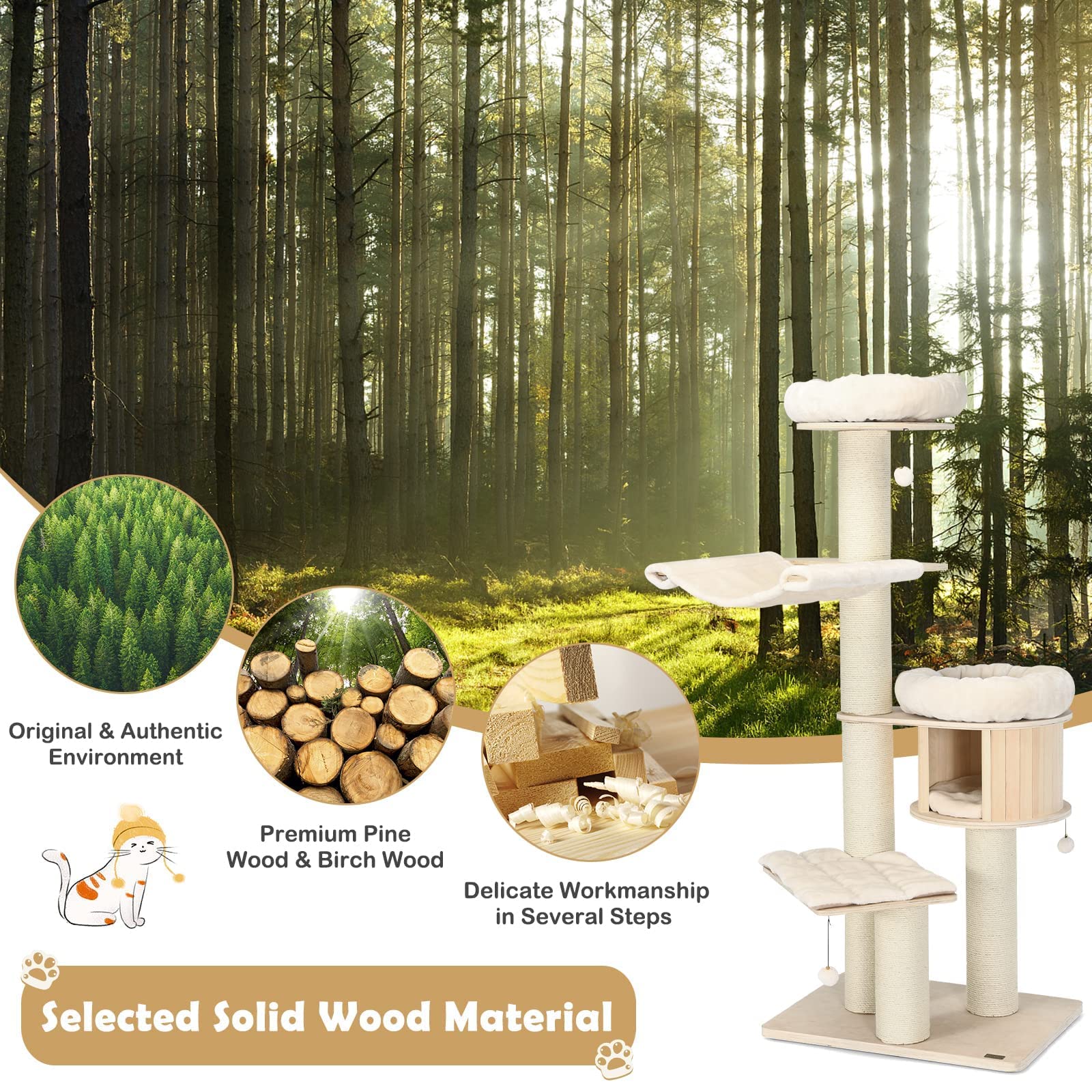 Tangkula Modern Cat Tree, Multi-Level Large Cat Tower W/Cat Condo, Hammocks & Hanging Basket, Tall Cat Tree W/Sisal Posts, Washable Cushions, Wood Cat Trees And Towers For Indoor Large Cats