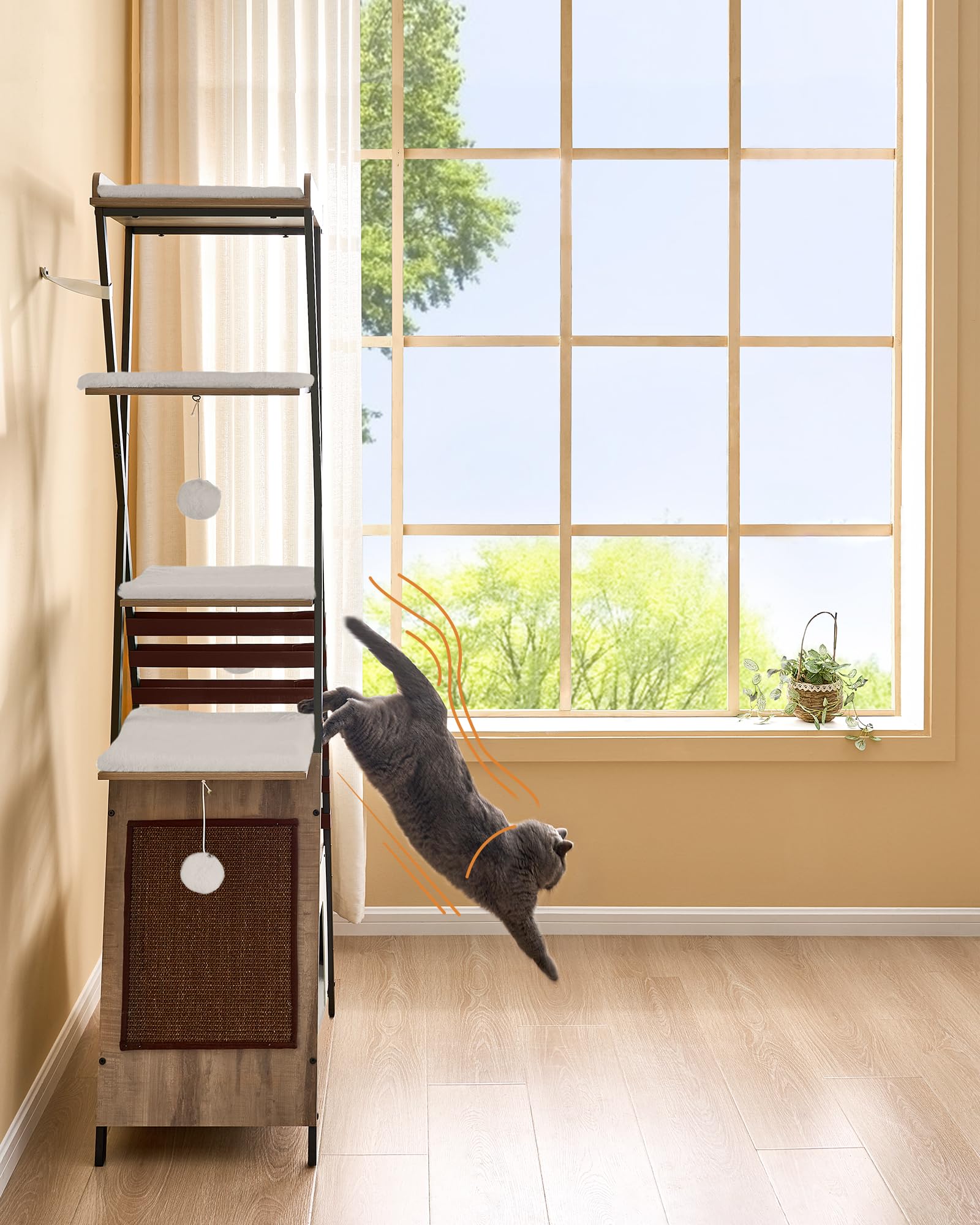 FourFurPets Cat Tree 72.4" Multi-Level Condo, Wooden, Large, Camel Brown, Model 111PMJA05G02, with Scratching Board and Removable Pads