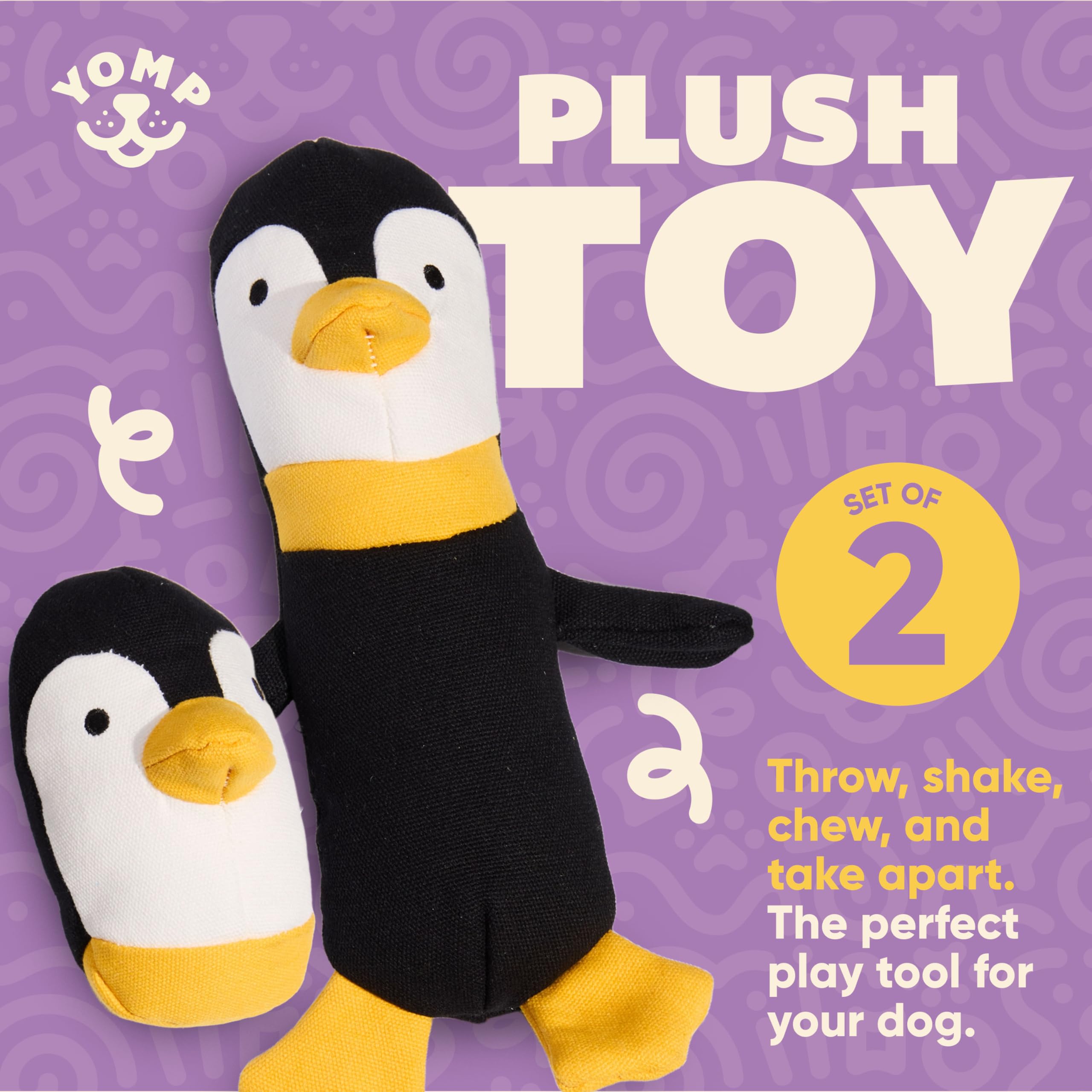 Yomp Penguin Dog Toy - Durable Stuffed Animal, No Squeaker, Natural Canvas & Crinkle Paper, 2-Pc Waddles Set