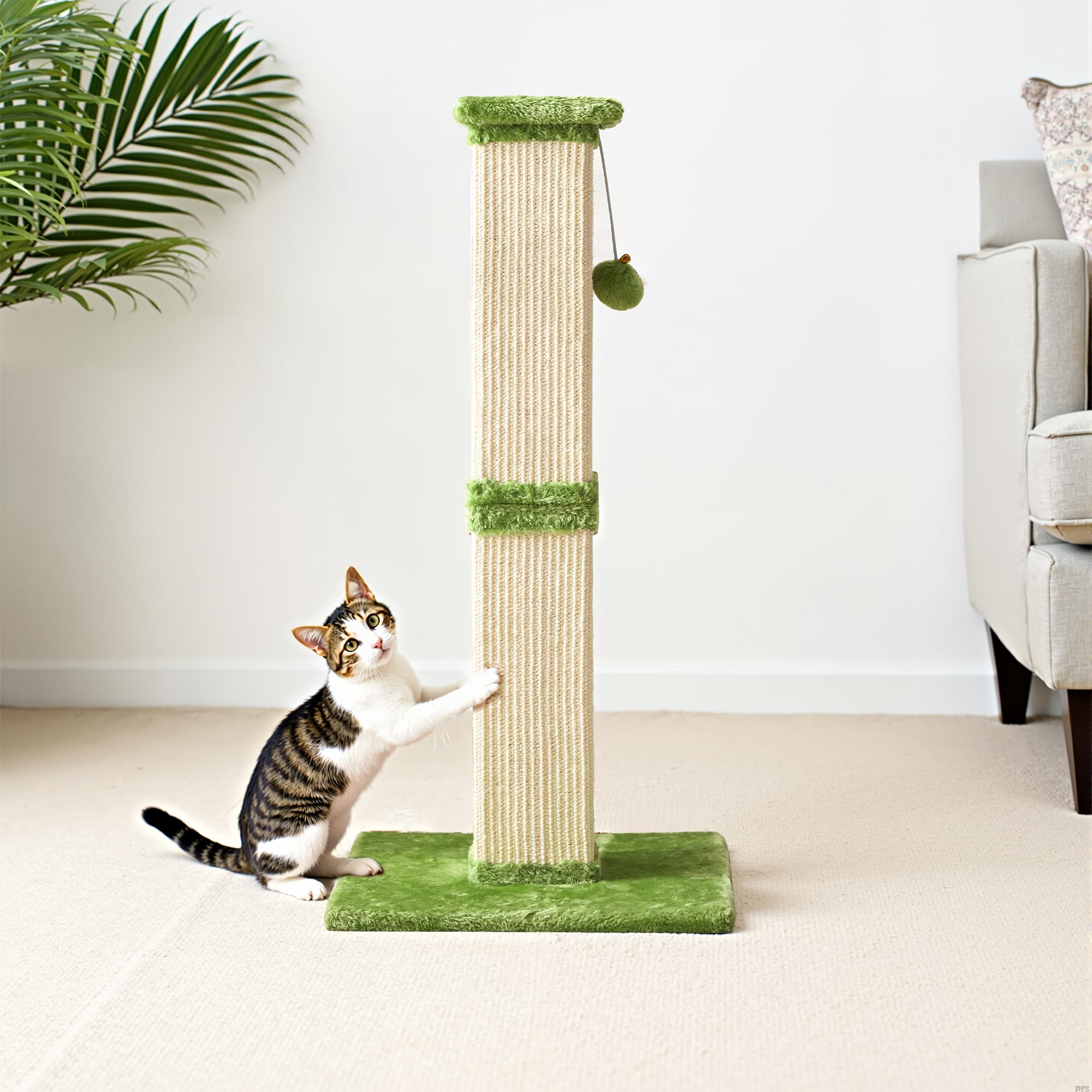 Fansafurn Cat Scratching Post with Hanging Toy Ball, 32-Inch Tall Sisal Cat Scratcher for Indoor Cats, Green