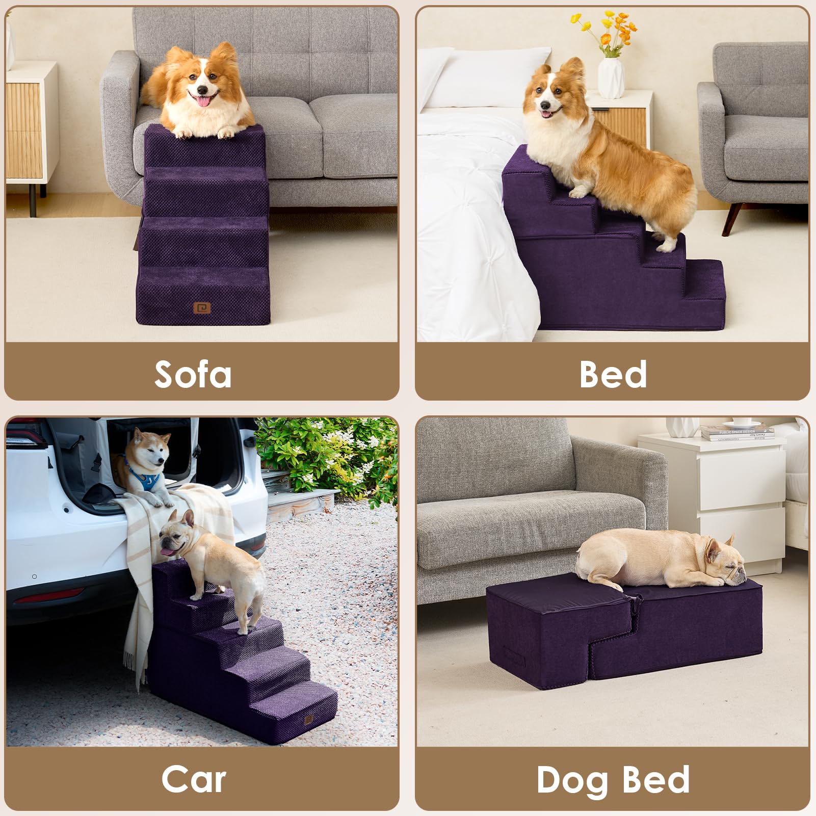 Eheyciga Dog Stairs For Small Dogs 13.5' H, 3-Step Dog Steps For Couch Sofa And Chair, Pet Steps For Small Dogs And Cats, Non-Slip Balanced Dog Indoor Ramp, Purple