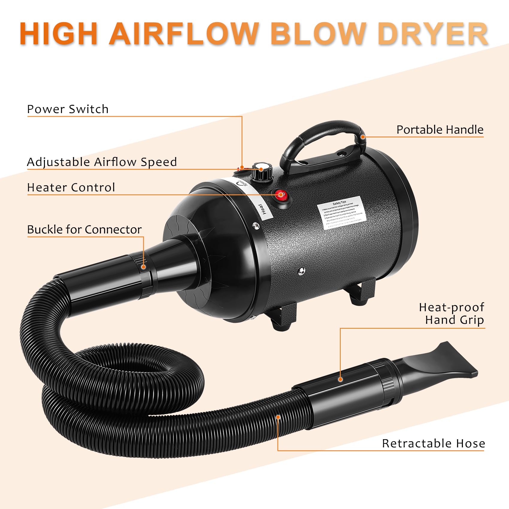 Nestroad Dog Dryer, 4.3Hp/3200W High Velocity Pet Hair Dryer, Stepless Adjustable Speed, Quick-Drying, Reduce Noise & Heat Insulation, 4 Nozzles And A Brush, Black