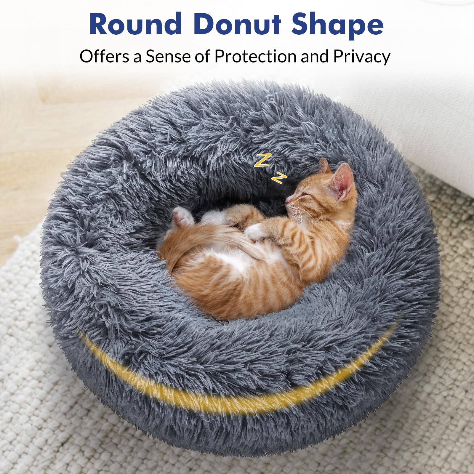 Rabbitgoo Cat Beds For Indoor Cats, 24 Inches Cat Bed Machine Washable, Fluffy Round Pet Bed Non-Slip, Calming Soft Plush Donut Cuddler Cushion Self Warming For Small Dogs Kittens, Dark Grey, Large