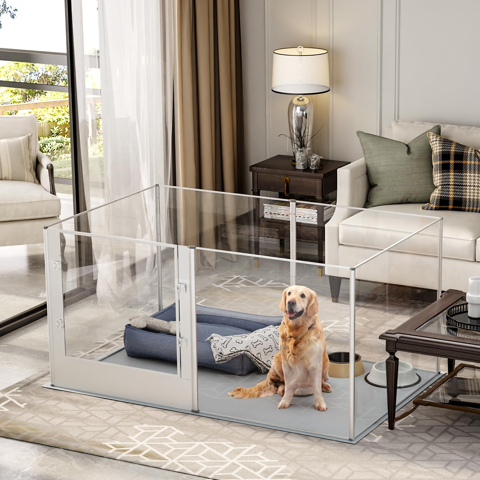 Dog Clear Playpen Fence Kennel: 32'' Extra Tall Puppy Birthing Enclosure With Waterproof Fertility Pad - 64''X43'' Pet Heavy Dut