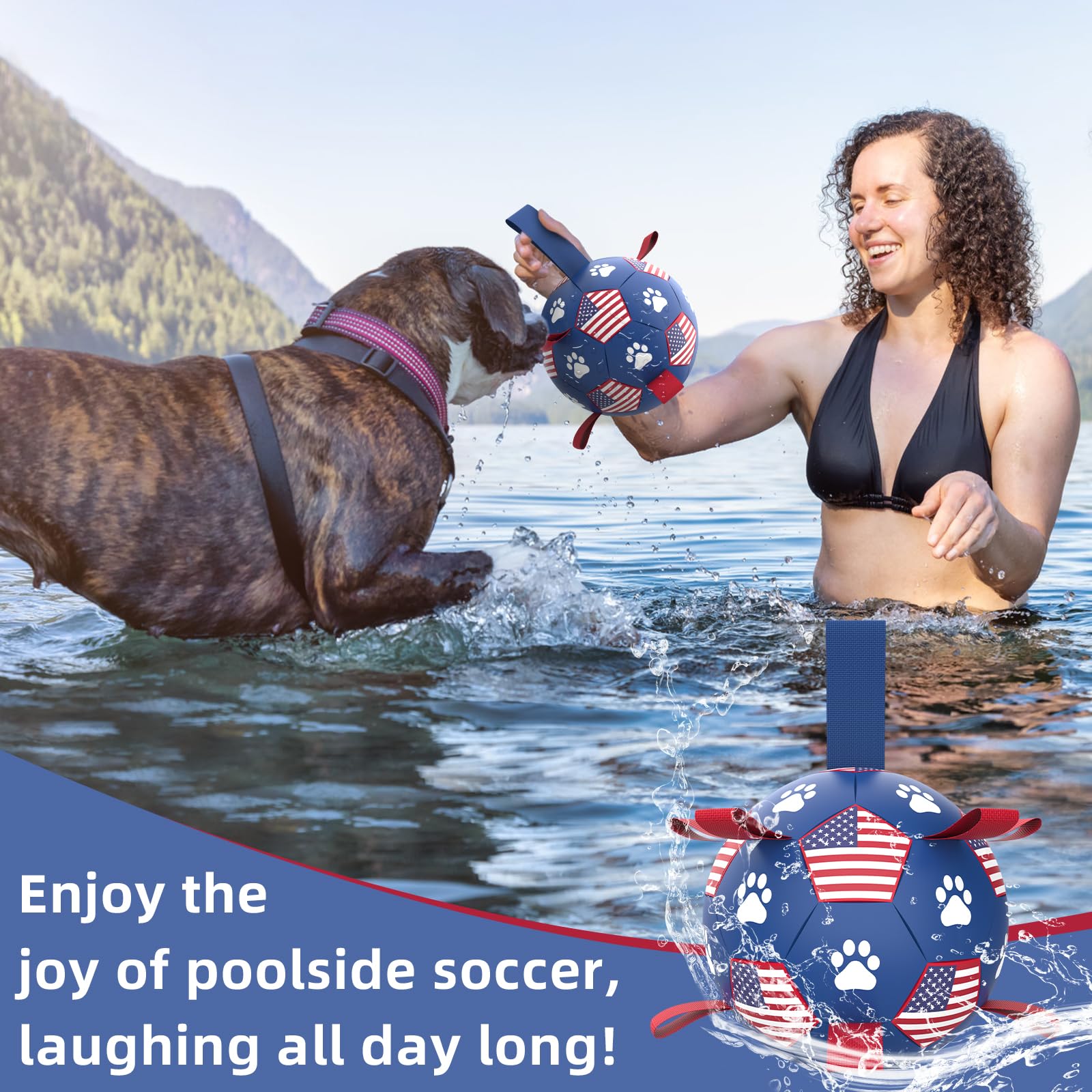 QDAN Dog Soccer Ball - Durable 6 Inch Water Toy for Small Medium Dogs, American Flag Design, Ideal for Tug of War and Beach Fun