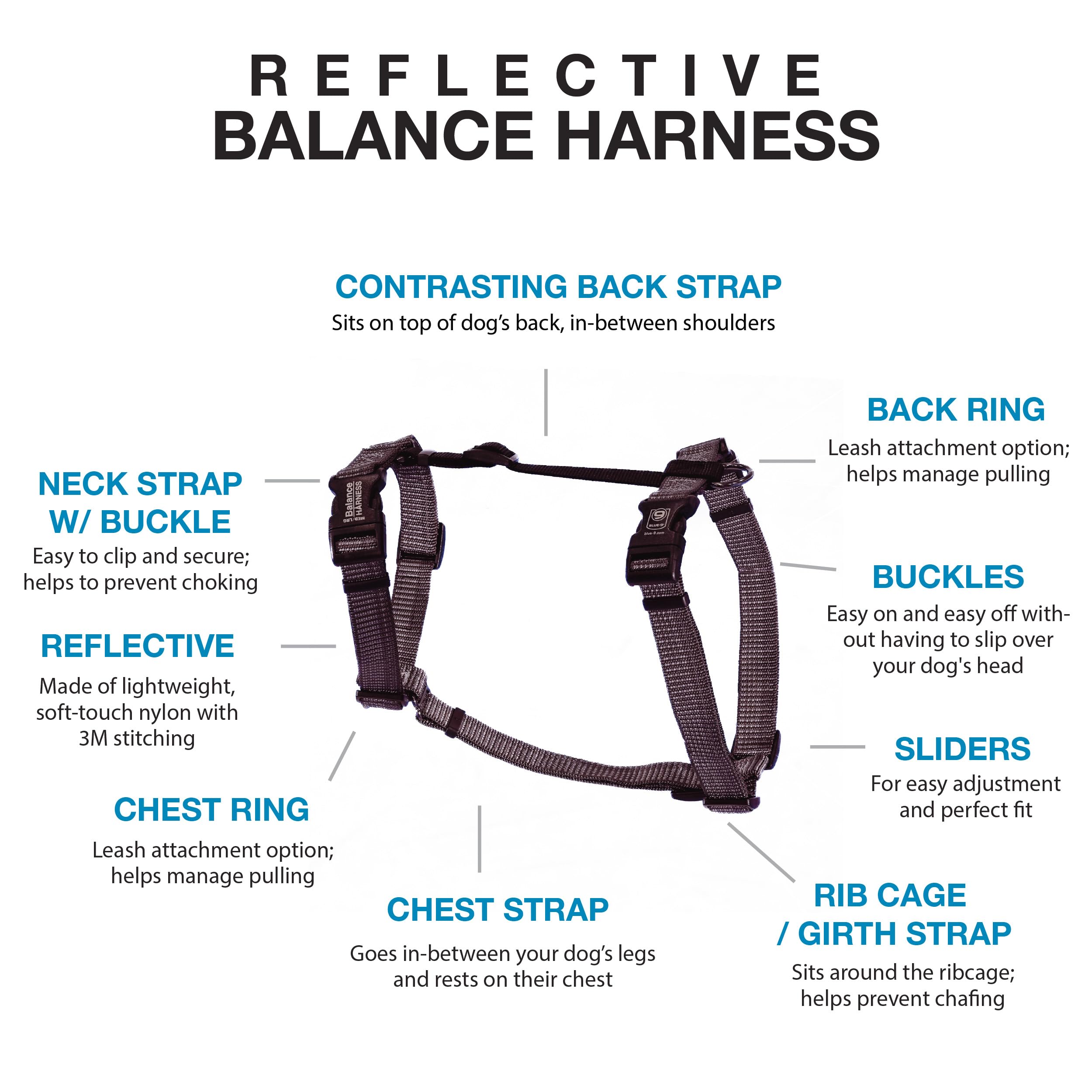 Blue-9 Reflective Buckle-Neck Balance Harness, Fully Customizable Fit No-Pull Harness With 3M Reflective Stitching, Ideal For Do