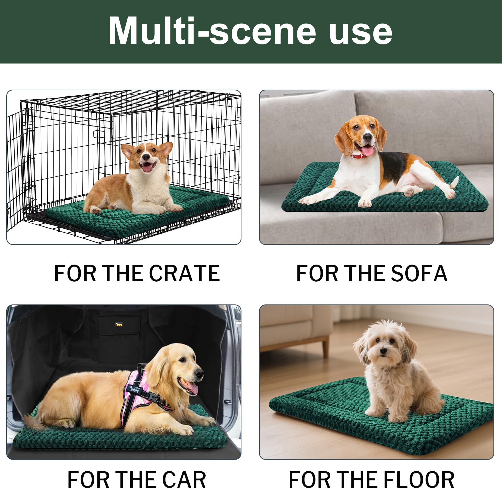 Dog Bed Crate Mat, Soft Durable Washable Anti-Slip Kennel Pad for Dogs & Cats, Reversible (Dark Green, S(24*18*1.5))