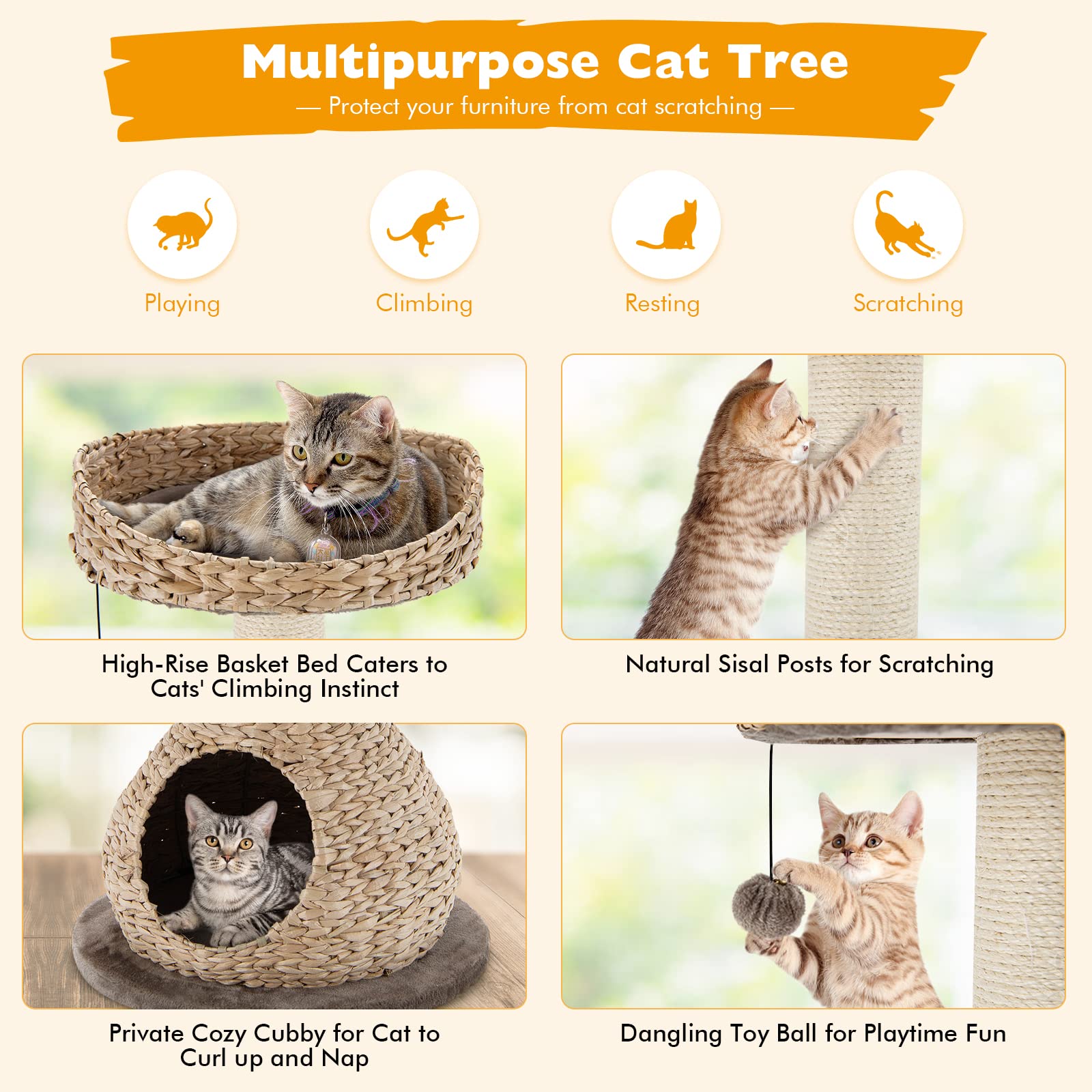 Tangkula Modern Cat Tree For Indoor Cats, Small/Tall Cat Tree With Natural Sisal Scratching Post, Hand-Made Wicker Cat Condo & Top Perch, Funny Hanging Toy Ball, Cute Cat Tree Tower For Large Cats