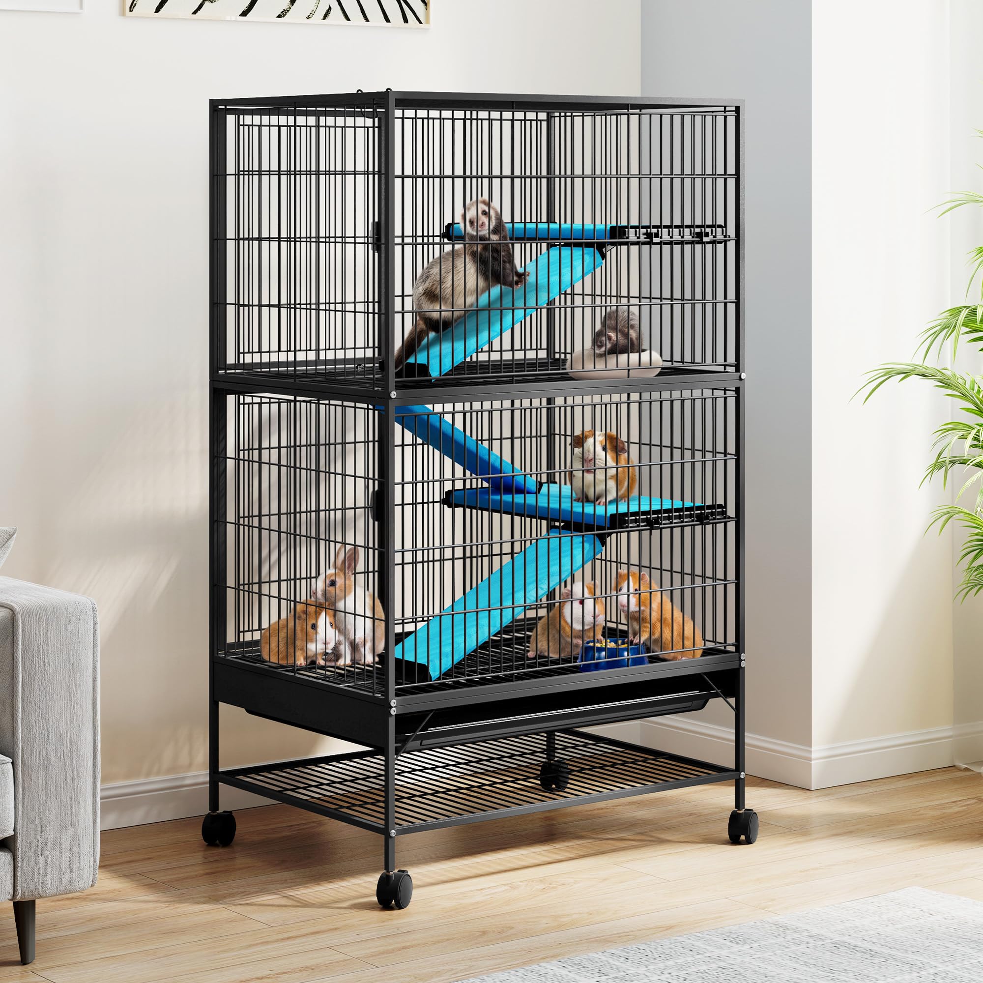 DWVO 4-Tiers Small Animal Cage: Indoor Critter Nation Cage for Ferrets, Chinchillas, Guinea Pigs, Large Hamsters, Rabbits, Hedge
