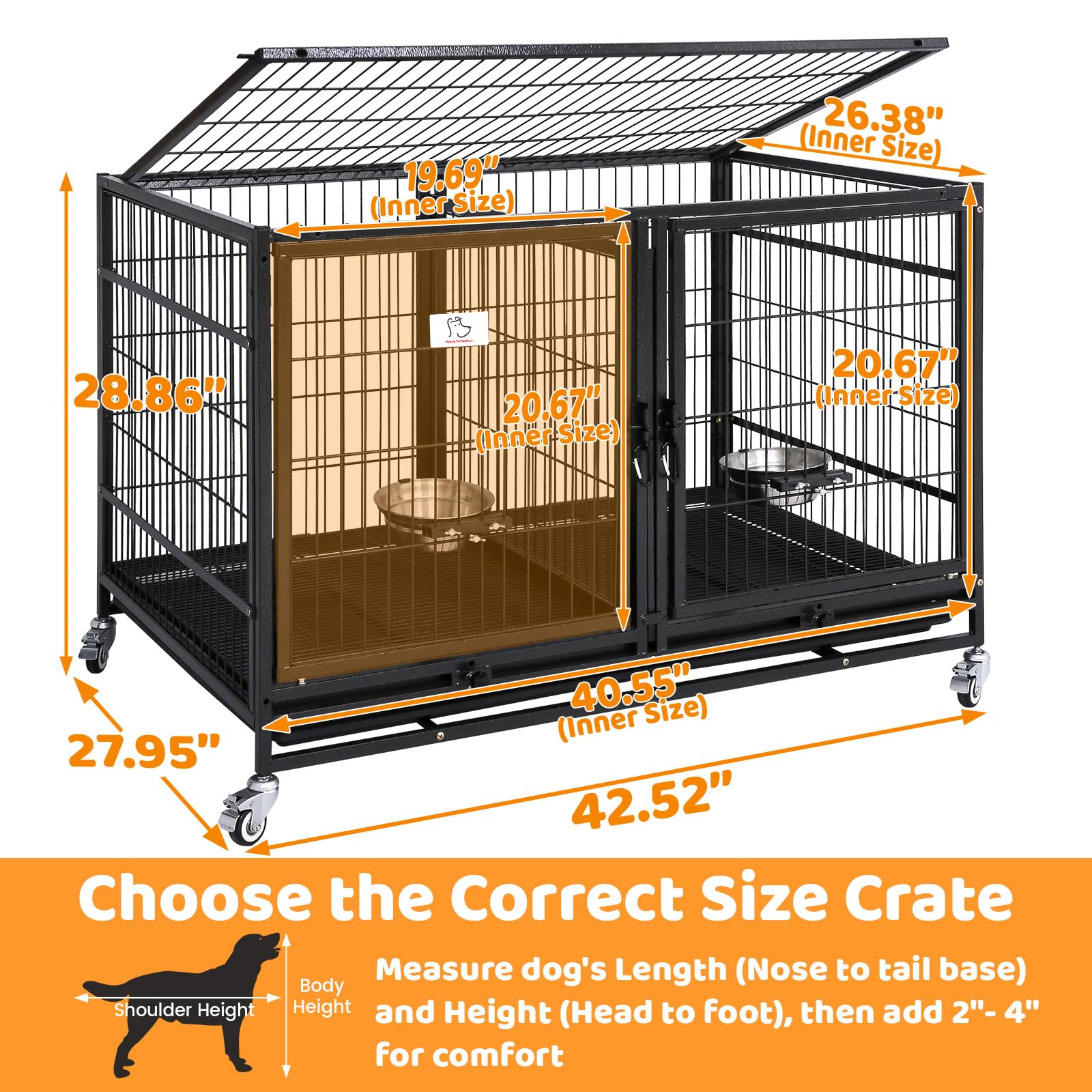Homey Pet 43 Inch Metal Open Top Stackable Heavy Duty Dog Cage Kennel with Three Door, Metal Floor Grid, Tray, Wheels, Divider a