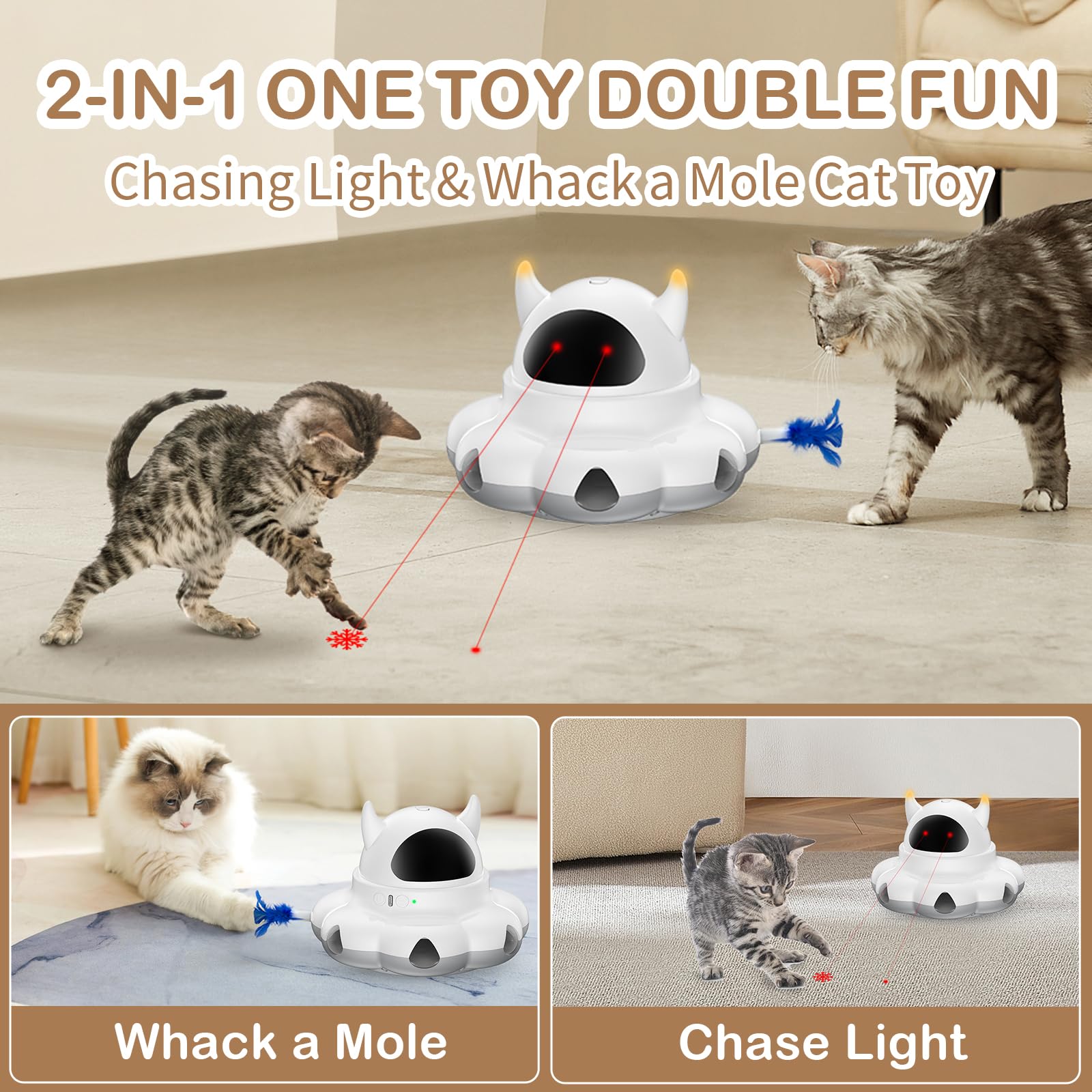 Cosicosy 2-in-1 Interactive Cat Toys for Indoor Cats, Automatic Cat Toy with 7 Holes Mice Whack A Mole Moving Feather, Smart Cat