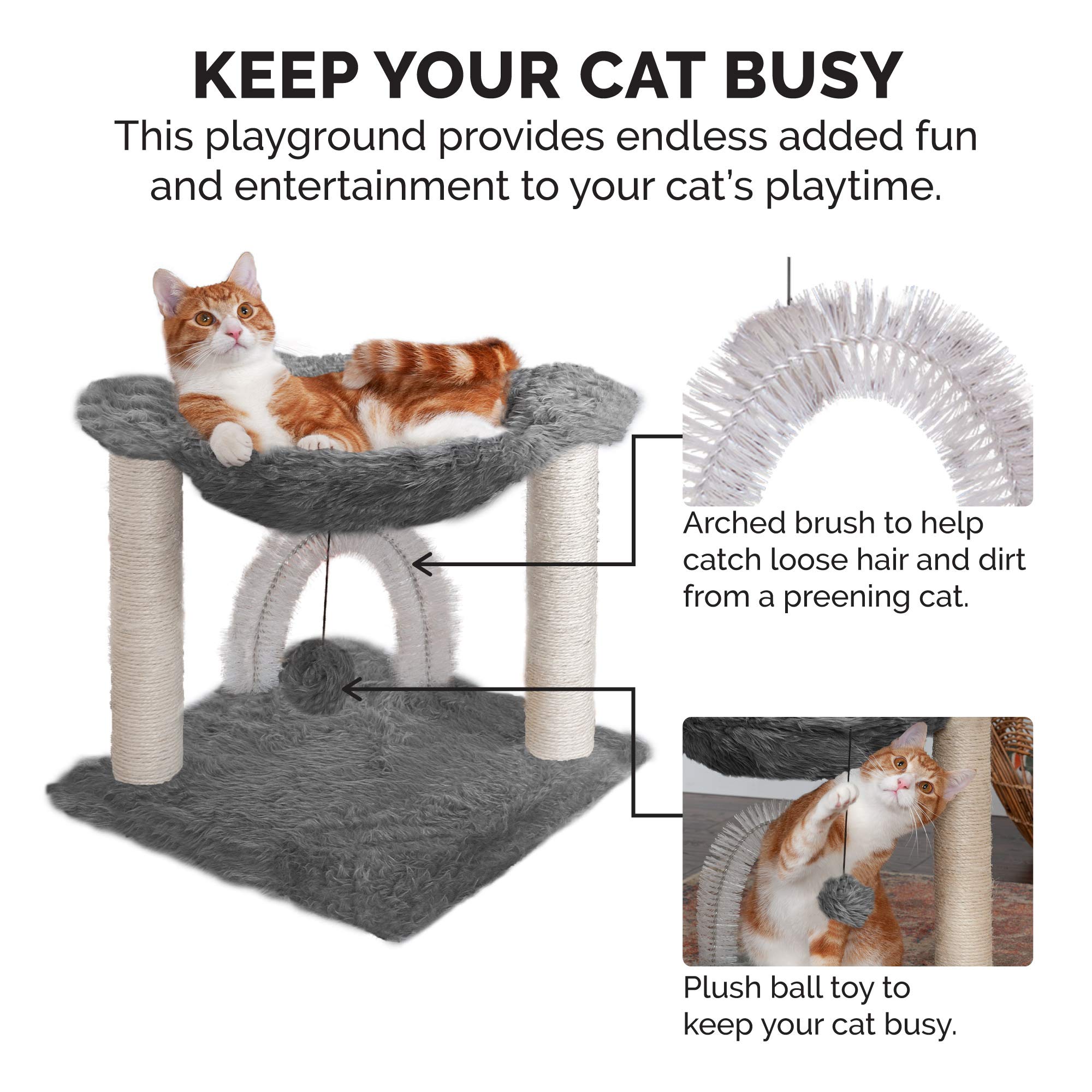 Furhaven 15.75'' Tall Playground For Indoor Cats, Ft. Sisal Scratching Posts, Self-Grooming Brush, & Toy - Tiger Tough Hammock I