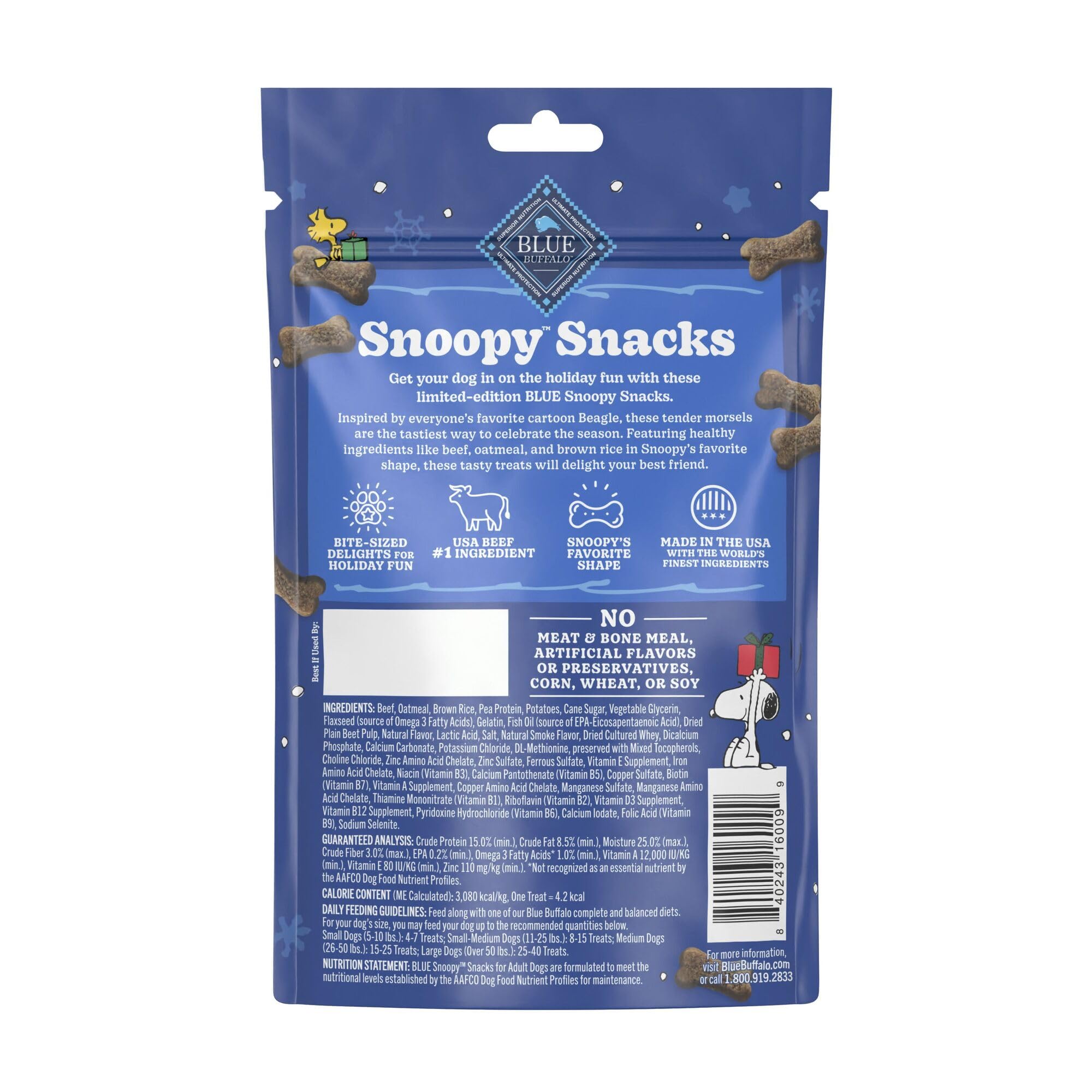 Blue Buffalo Snoopy Snacks Soft & Chewy Dog Treats, Holiday Stocking Stuffers for Dogs, Beef Recipe, 3.5oz. Bag
