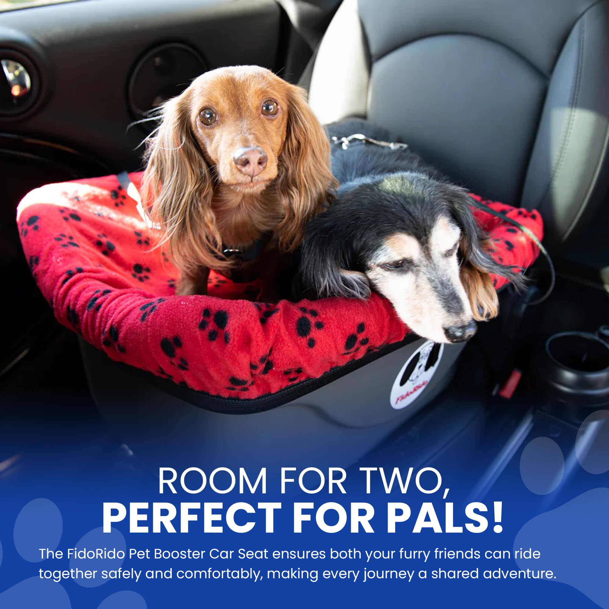 FidoRido Dog Car Seat - Small Harness Booster Seat, Red with Black Paw Prints, Comfortable Cushions and Safety Straps for Travel