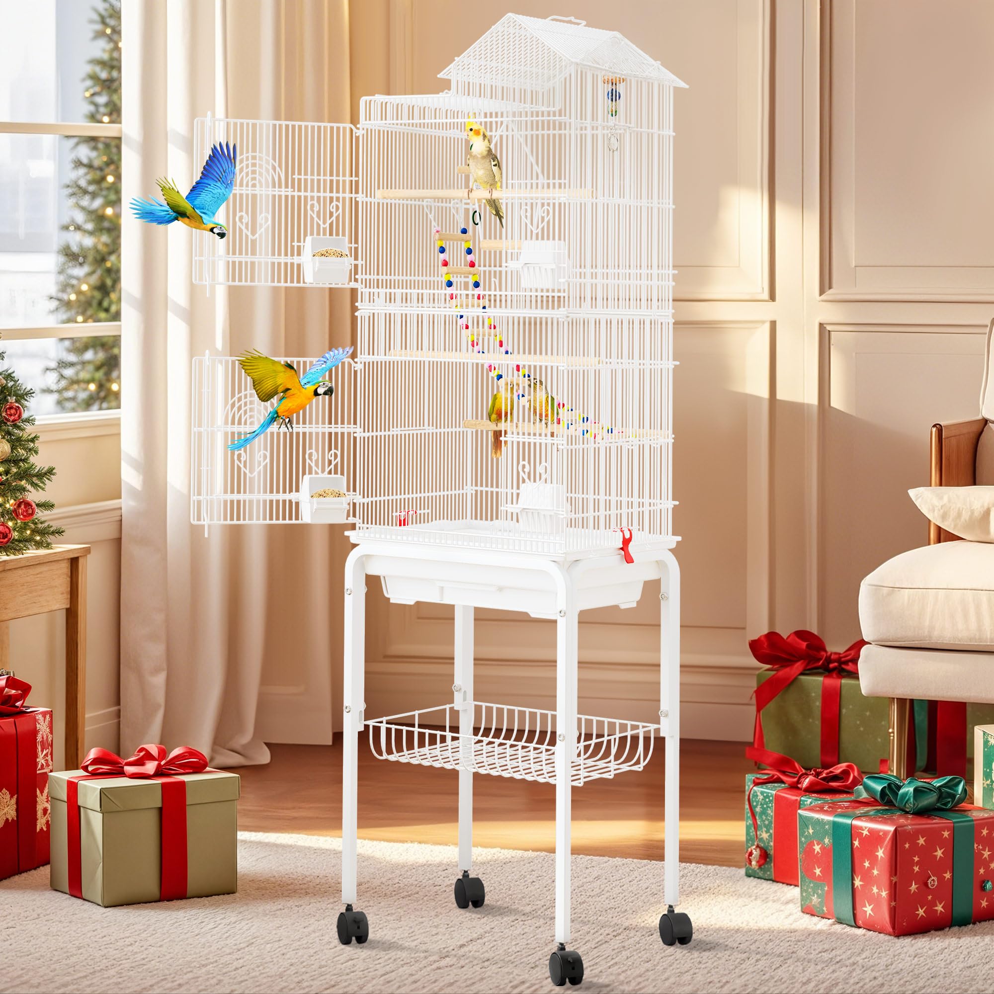 62-inch Metal Bird Cage: Spacious Bird Cage for Cockatiels, Parrots, Pigeons, Lovebirds, Features Roof Access and Rolling Stand,