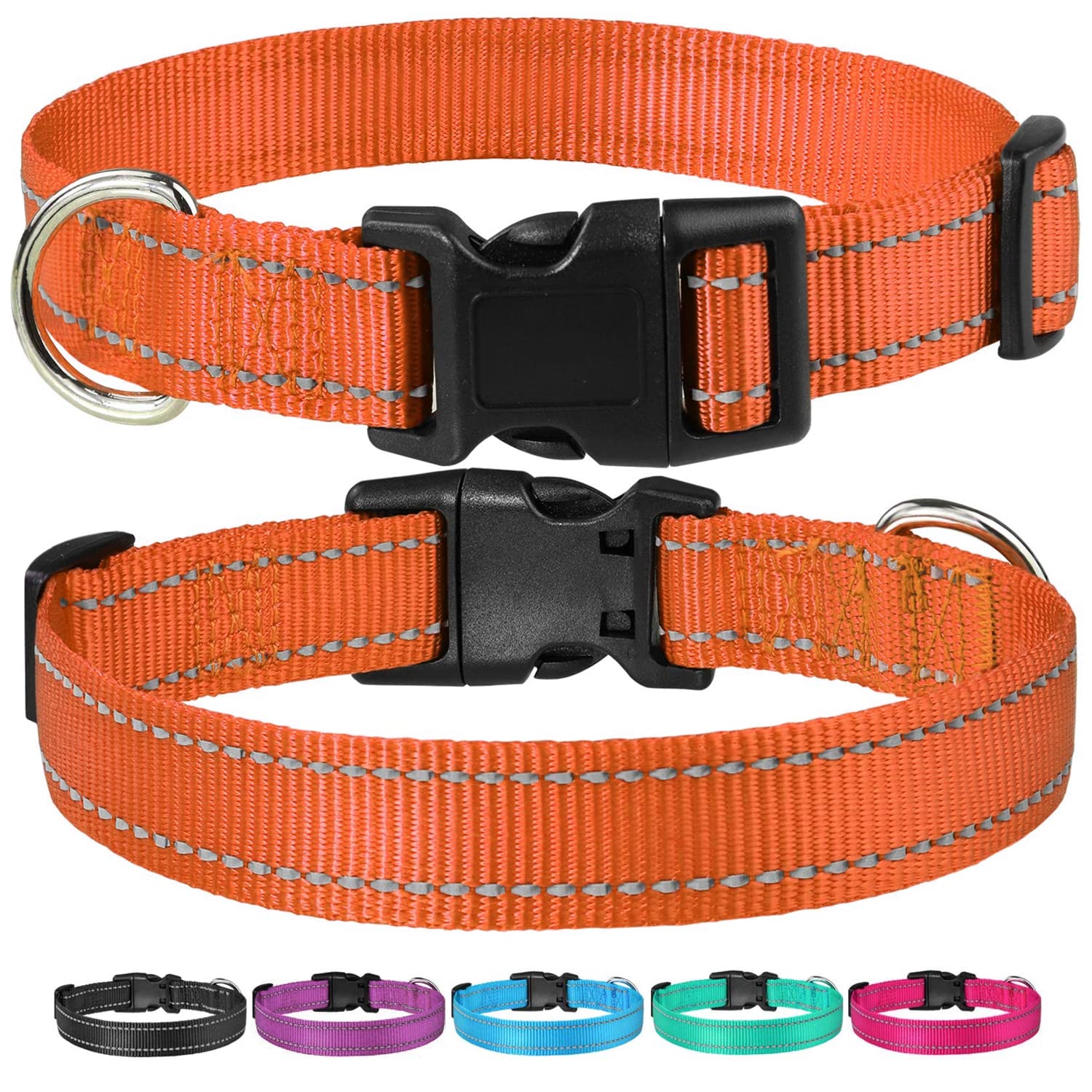 Reflective Dog Collar With Buckle Adjustable Safety Nylon Collars For Small Medium Large Dogs, Orange M