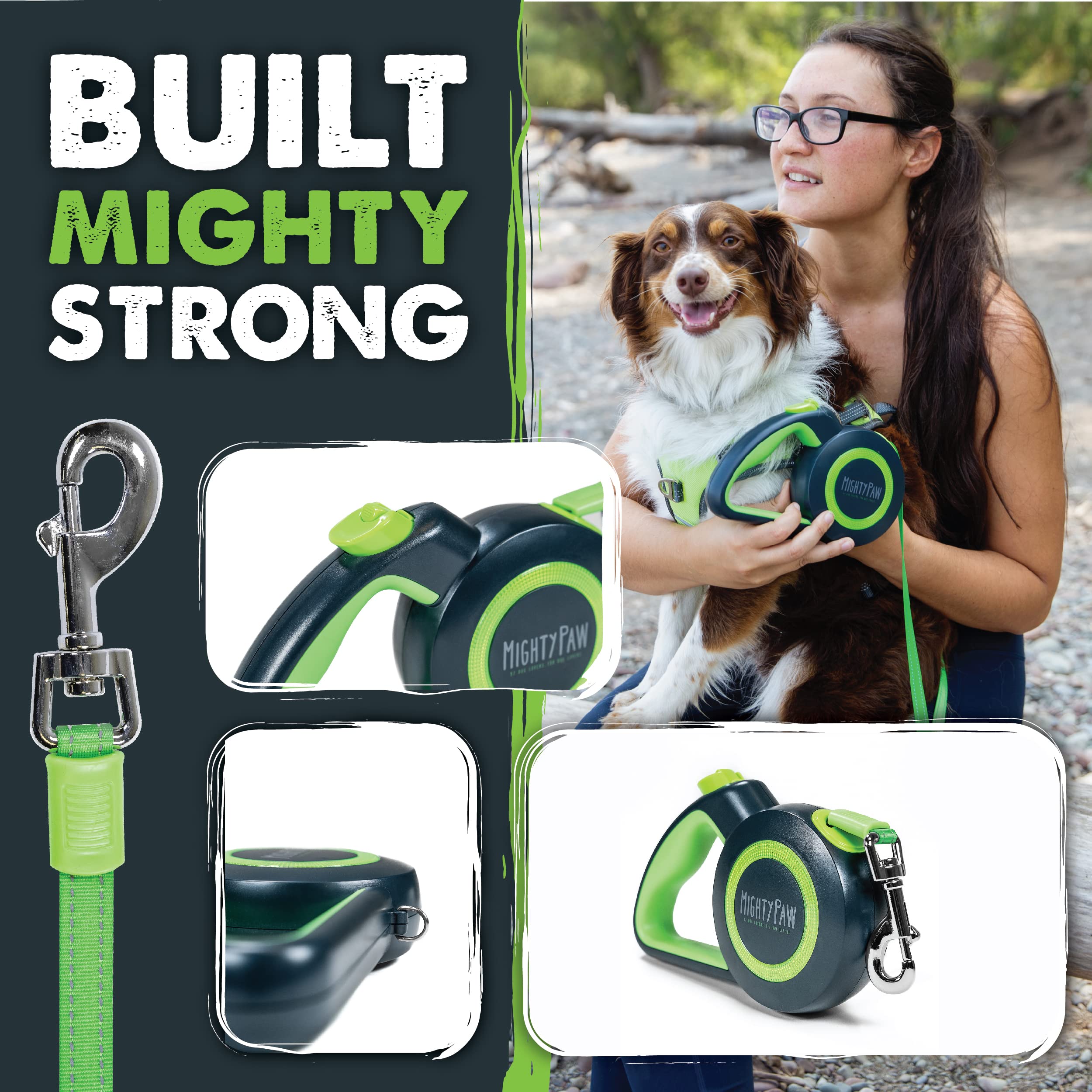 Mighty Paw Retractable Dog Leash 2.0 - Auto-Locking Button For The Control When You Need - Stainless Steel Coil For Smooth Retraction - Super Reflective Ring For Nighttime Visibility - No More Tangle