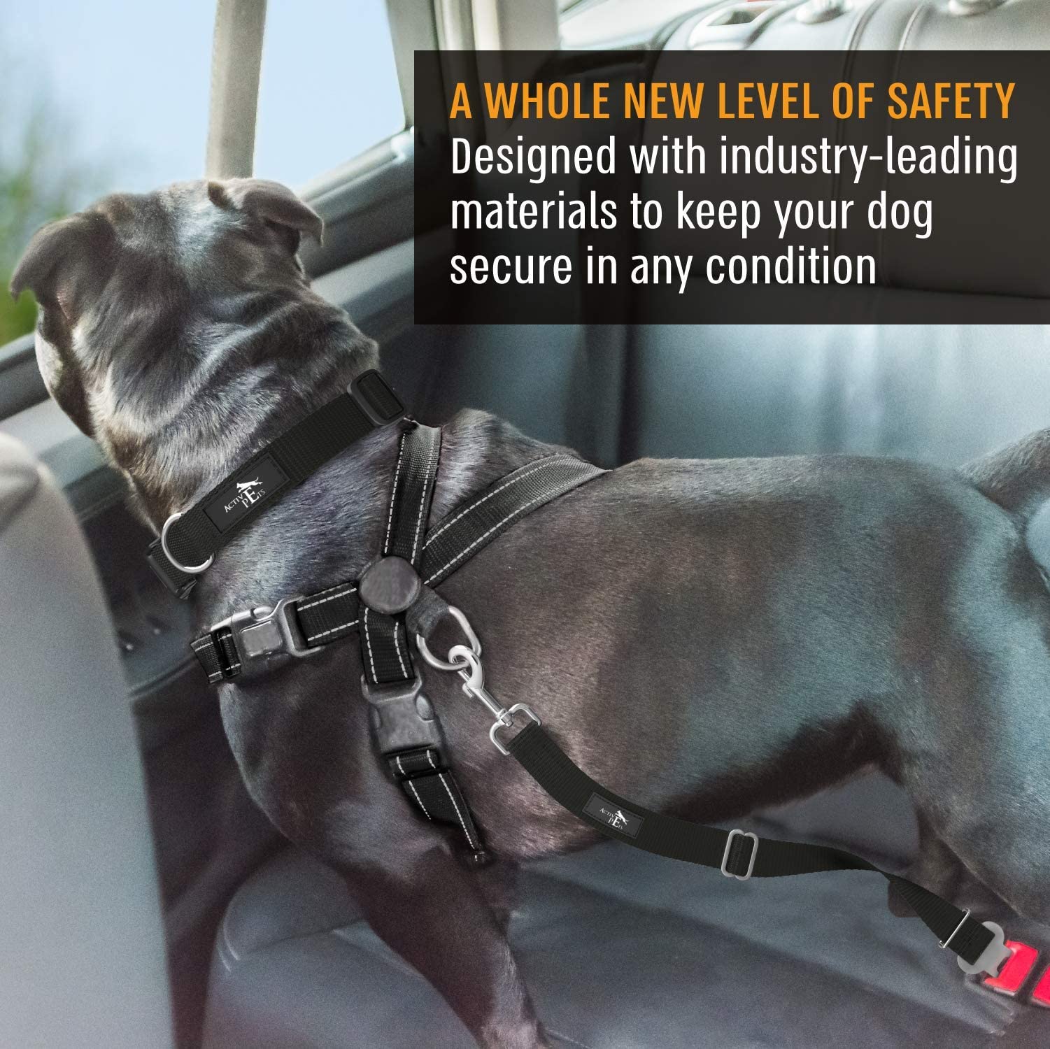 Active Pets Dog Car Harness - Nylon Seatbelt for Small & Large Dogs - Black - 1 Pack - Model UO-1DE5-0ZJ2