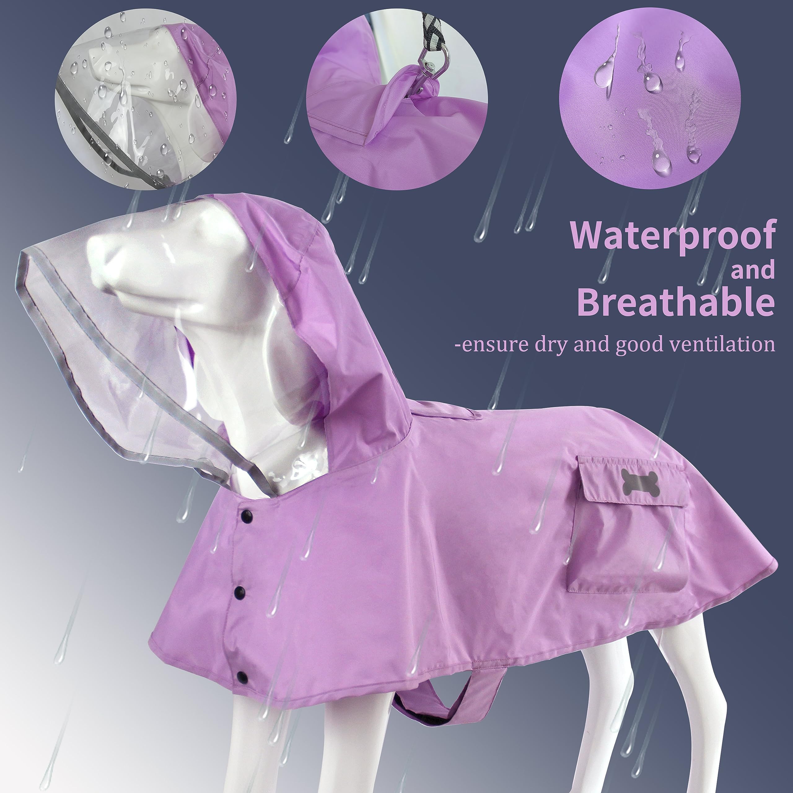 Waterproof Dog Raincoat, Adjustable Reflective Lightweight Pet Rain Clothes With Poncho Hood(Small, Light Purple)