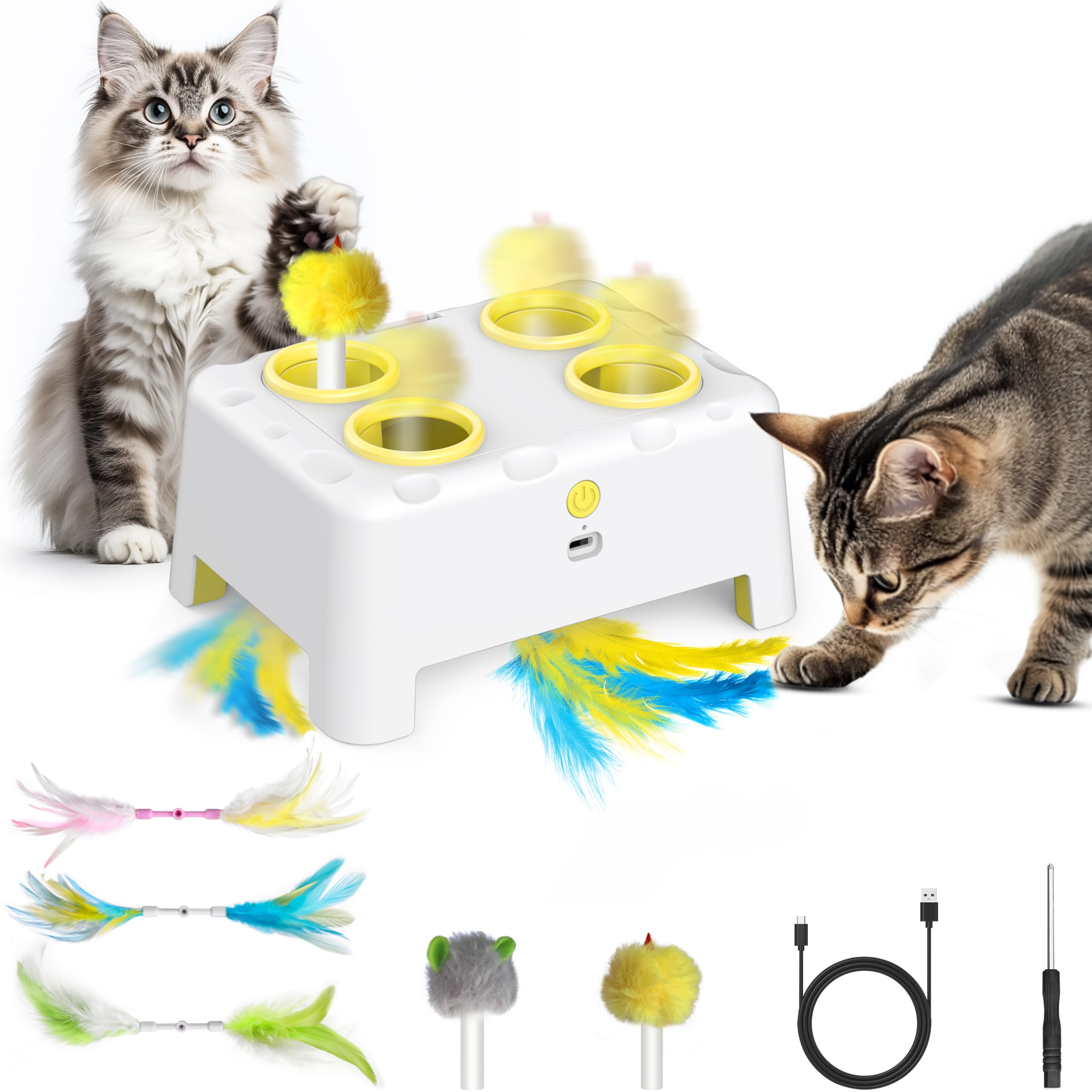 Kezlume Cat Toys, 2 In1 Automatic Interactive Cat Toys For Indoor Cats, 4 Holes Mice Whack A Mole Cat Mouse Toy With Moving Feat