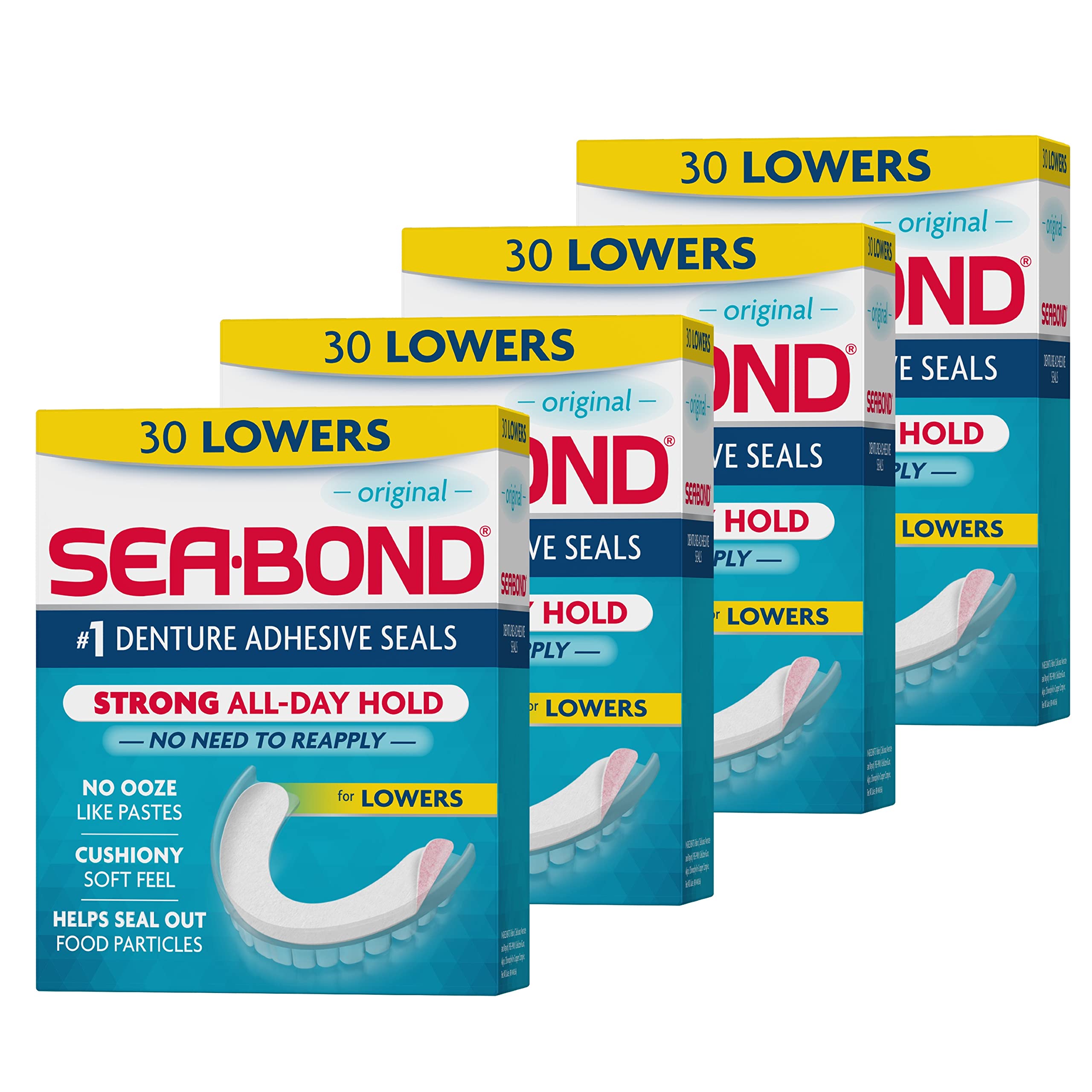 Sea-Bond Secure Denture Adhesive Seals Lowers Original, Zinc Free, All Day Hold, Mess Free, 30 count (Pack of 4)
