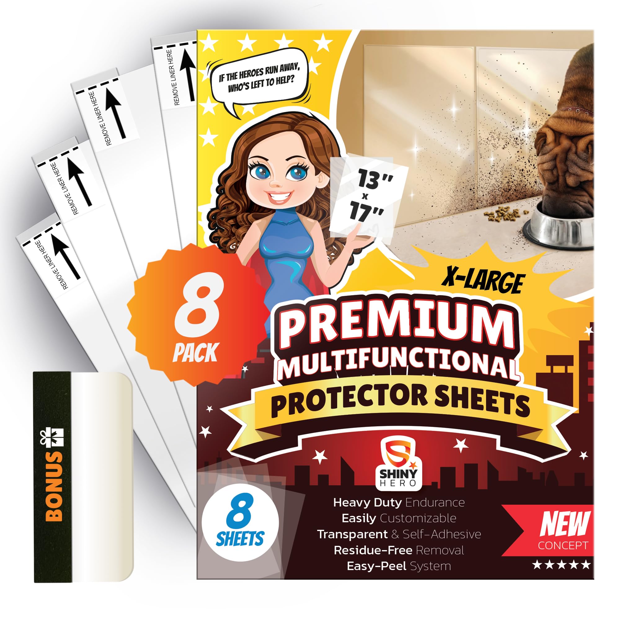 8-Pack - Clear Wall & Door Protector from Dog Scratching - Anti Cat Couch Guard Plastic Sheets, Furniture Self-Adhesive Removabl