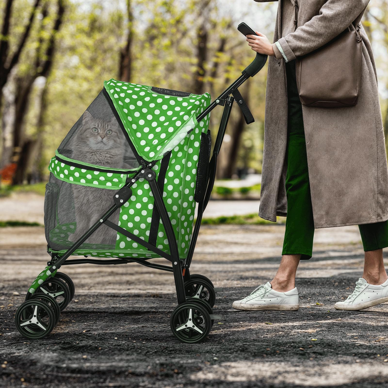 Monibloom 4 Wheels Pet Stroller, Easy-Fold Umbrella Shaped Dog Cat Jogger Stroller W/Storage Bag & Visible Mesh For Small/Medium