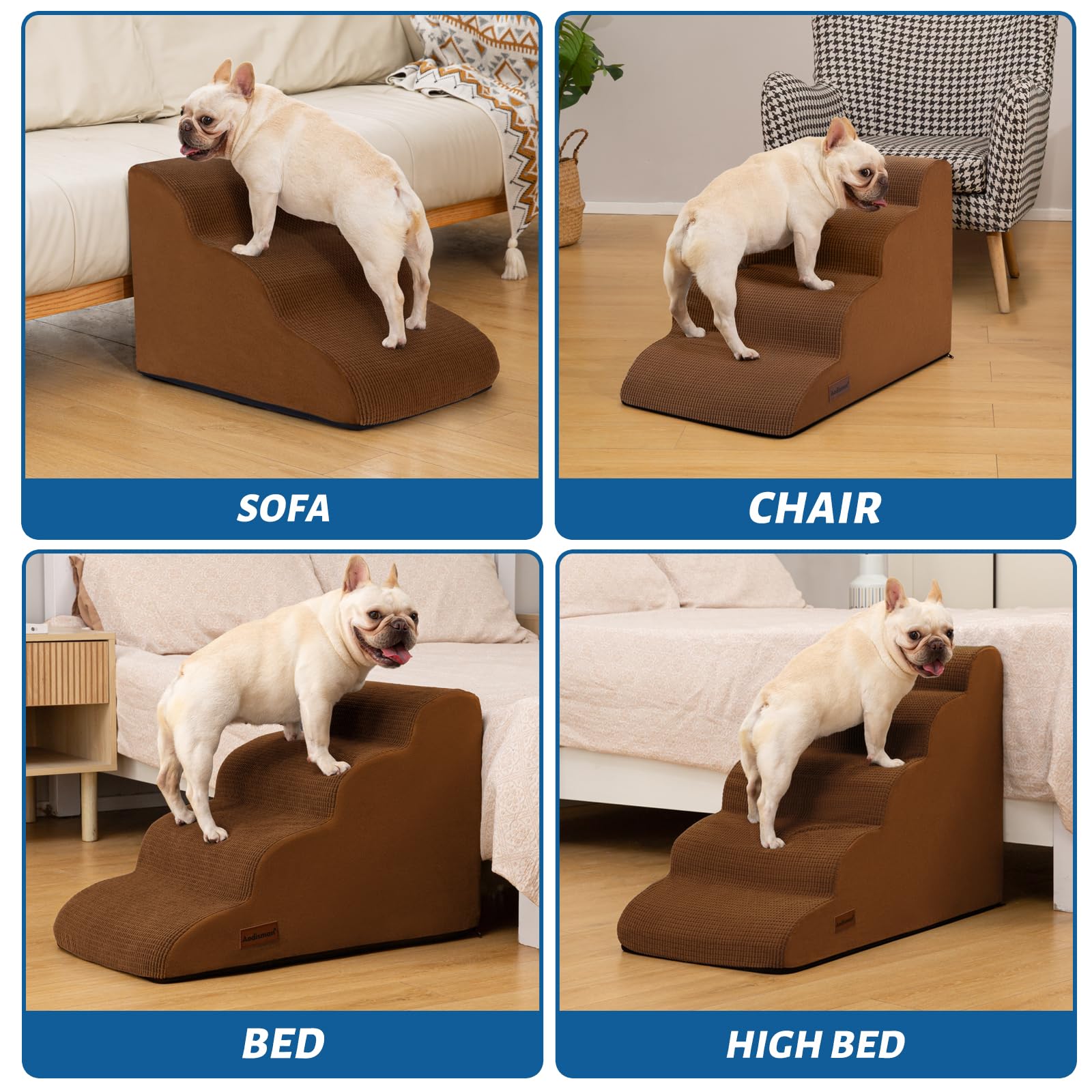 Aodisman 4-Step Dog Stairs and Ramp for Beds or Couches - Non-Slip Sturdy Pet Steps for Small Dogs and Cats,17.4 H,Brown
