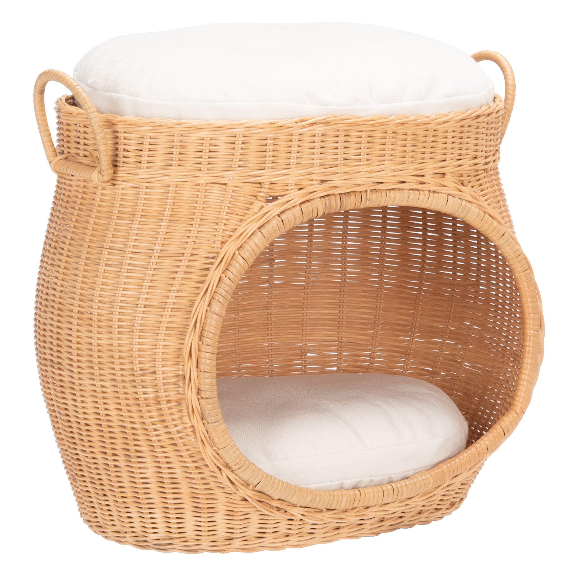 SAFAVIEH Home Collection Faati Honey Brown Rattan Pet Cat Bed with White Cushion, Ideal for Living Room, Bedroom, Entryway (Full