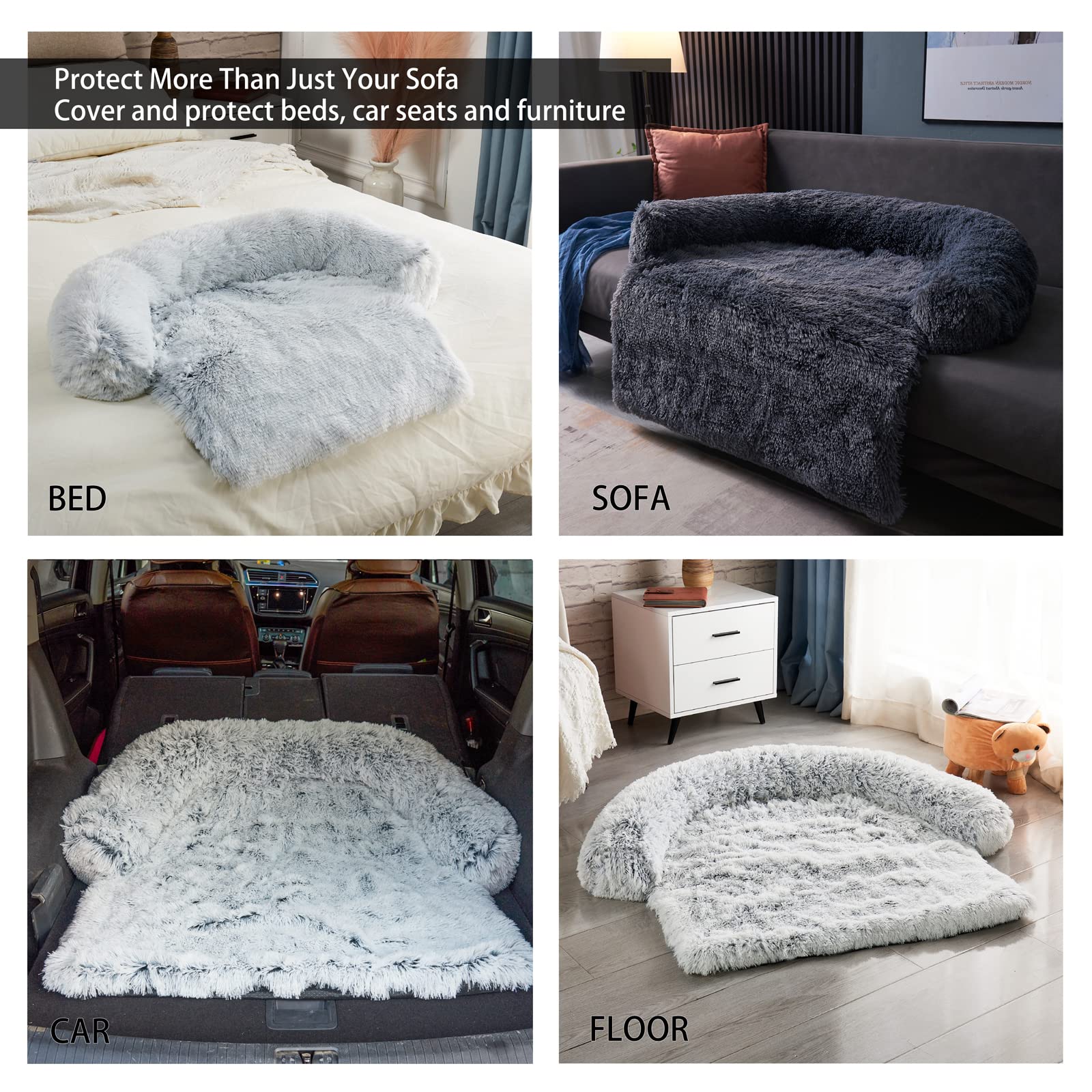 Dekeyoo Pet Couch Protector, Waterproof Calming Dog Bed Plush Mat, Pet Furniture Cover with Soft Neck Bolster, Machine Washable