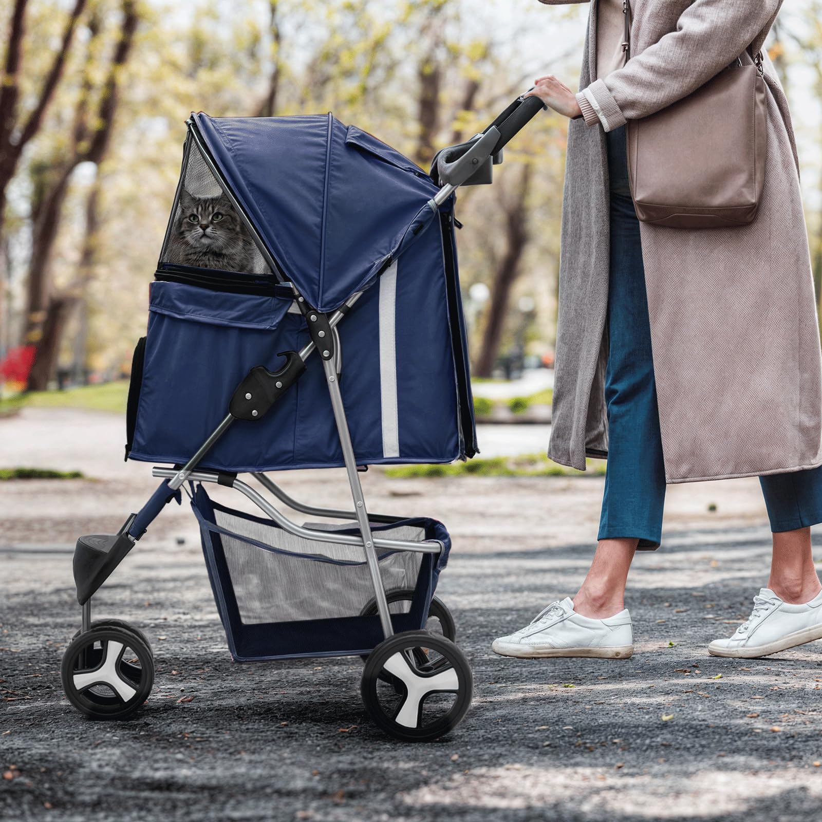 MoNiBloom Pet Stroller, Foldable Dog/Cat Jogger with Weather Cover, Storage Basket, Mesh, 13"x29"x40", Navy Blue, Model A78-PS-001-N