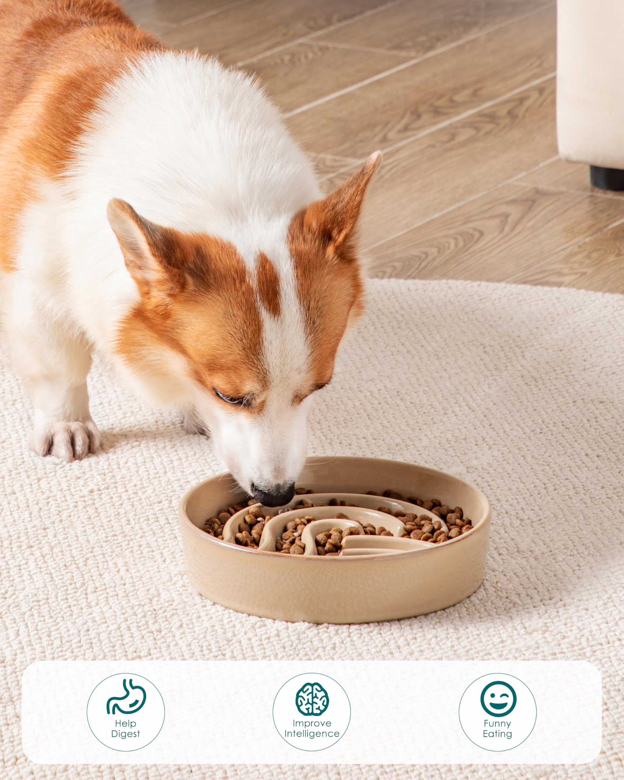vancasso Ceramic Slow Feeder Dog Bowl, 1.5 Cups, Brown, Puzzle Design for Small/Medium Breeds, Model VC-MSGW-TW-GN-02