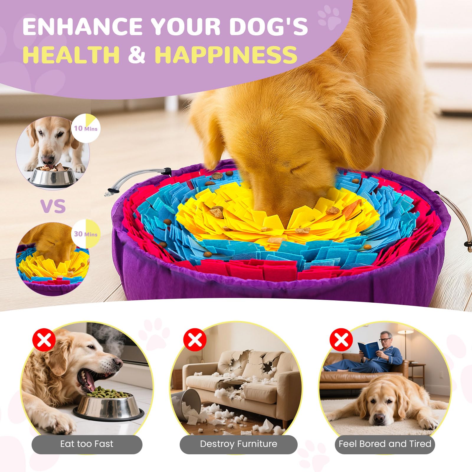 UETZLTB Snuffle Mat for Dogs 19x19, Adjustable Dog Slow Feeder Bowl, Interactive Dog Enrichment Puzzle Toys, Foraging Sniff Trea