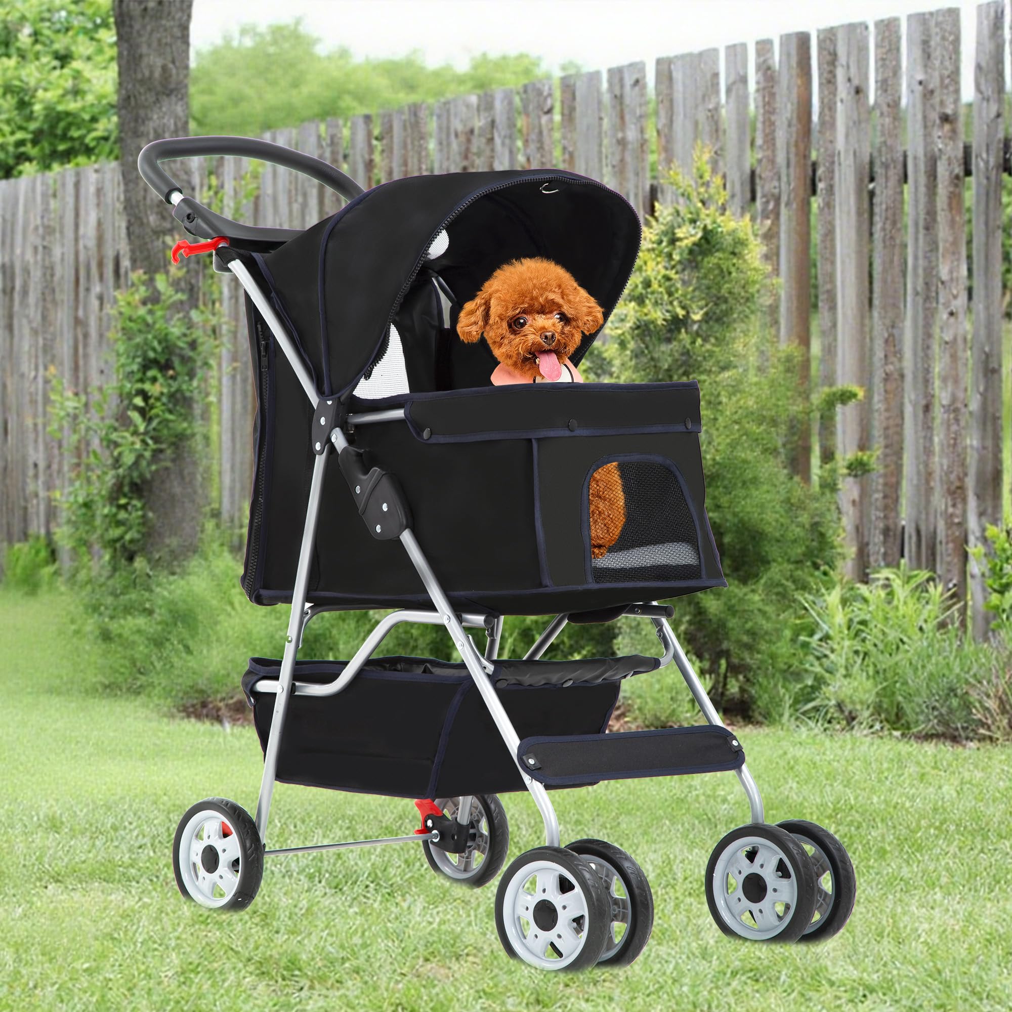 FDW Pet Stroller 4-Wheel Dog Cat Stroller Travel Folding Carrier with Cup Holder and Removable Liner for Small Medium Dogs Cats,