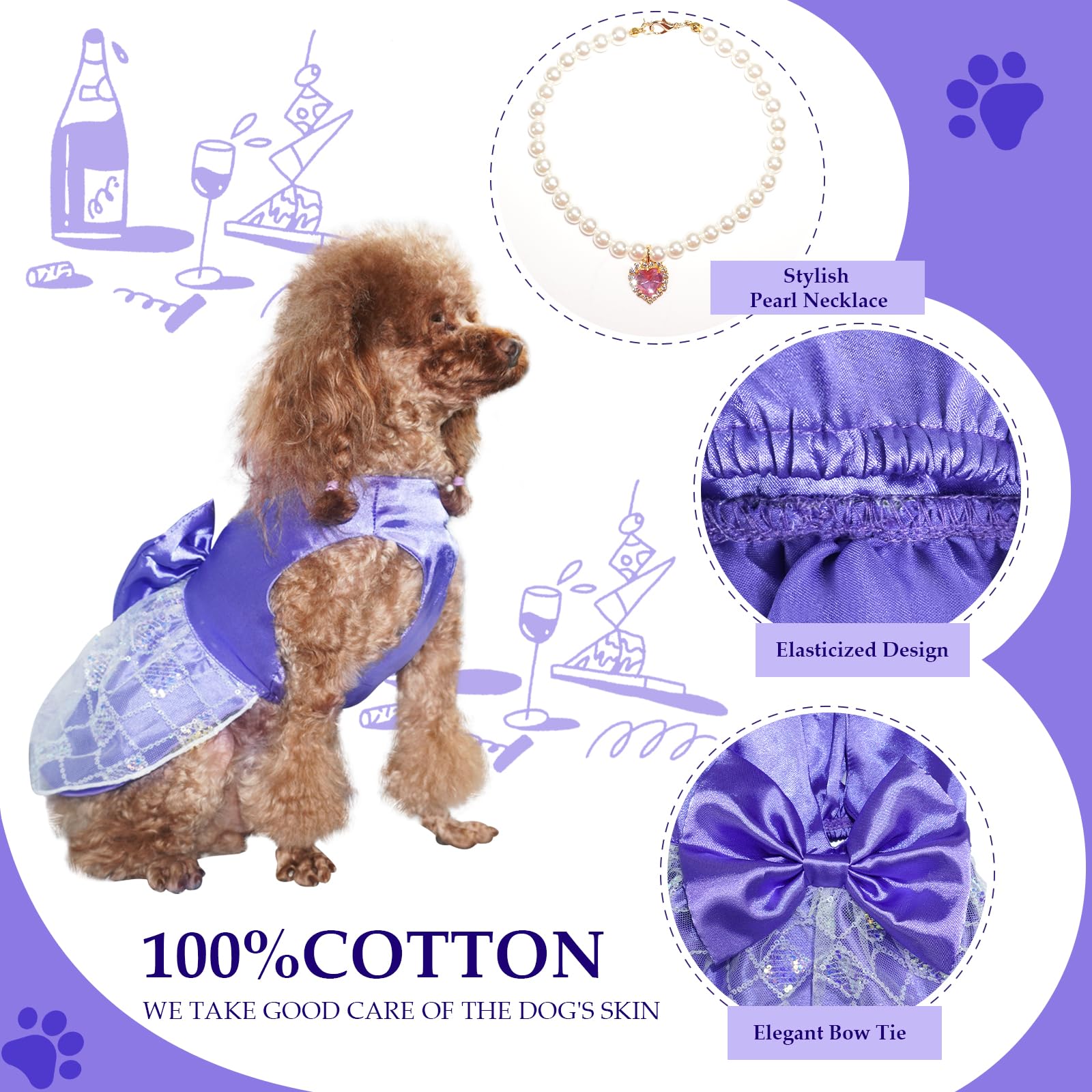 Topkins Dog Dress, Pet Birthay Clothes With Purple Heart Pearl Necklace, Dog Silk Outfit With Sequin, Puppy Princess Dress, Purp