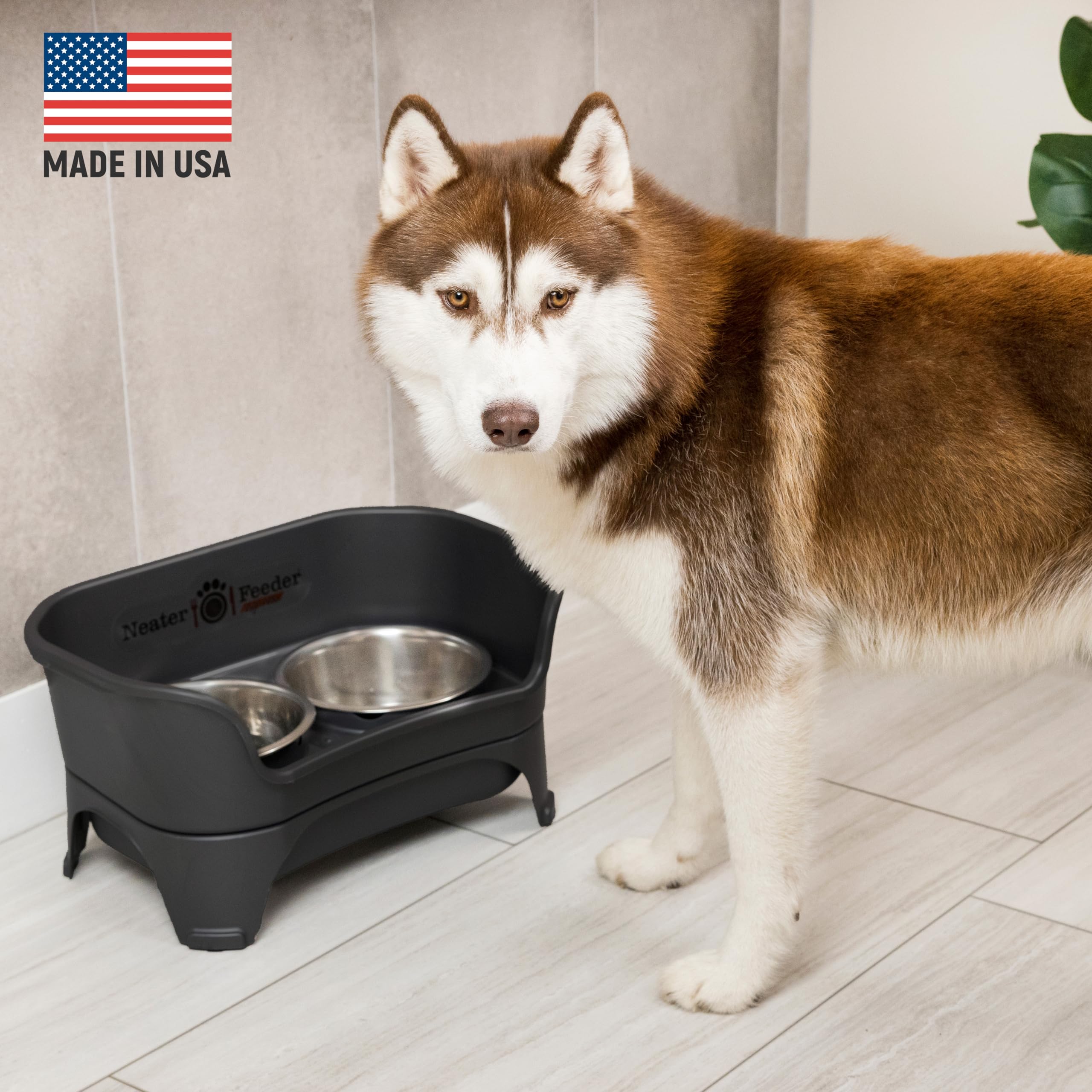 Neater Feeder - Express Model W/ Slow Feed Bowl - Mess-Proof Dog Bowls (M/L, Black) Made In Usa - Elevated, No Spill, Non-Tip, N