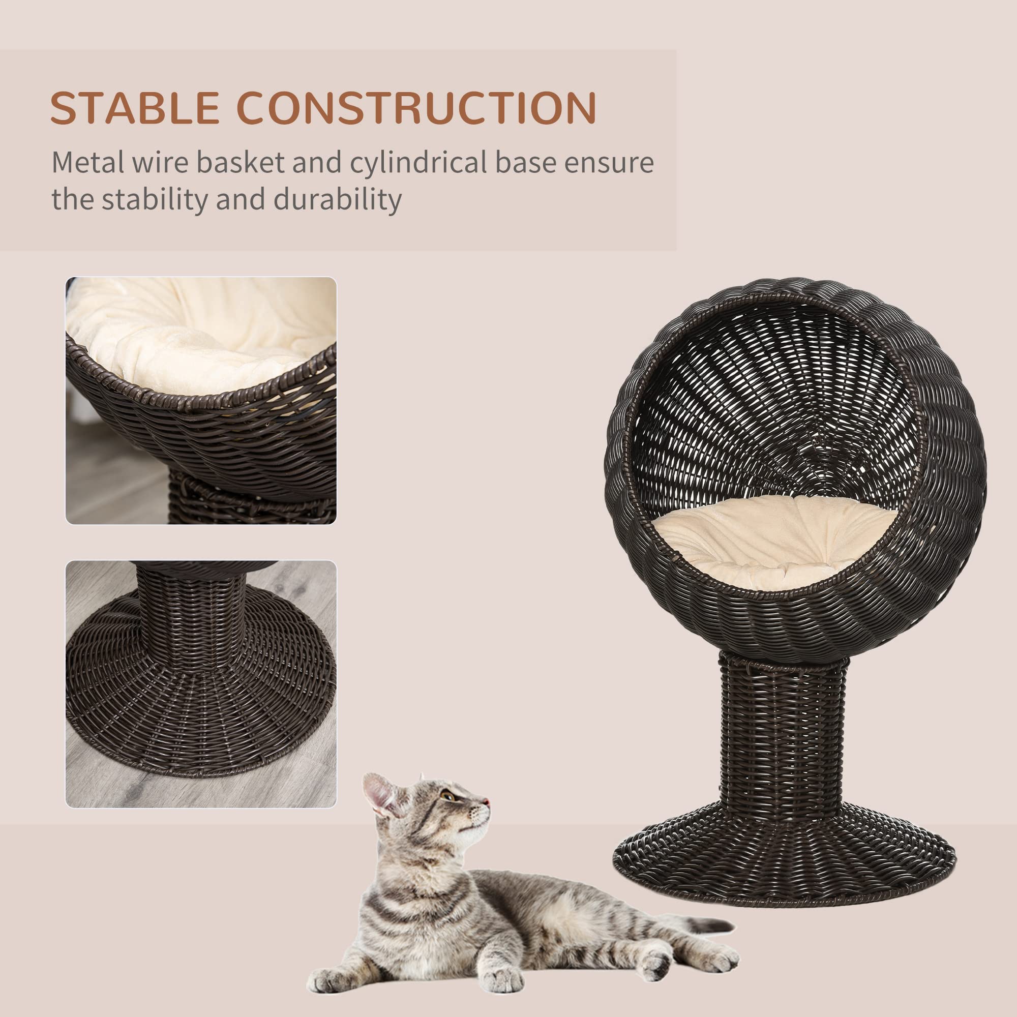 Pawhut 28' Hooded Rattan Wicker Elevated Cat Bed - Coffee/Beige