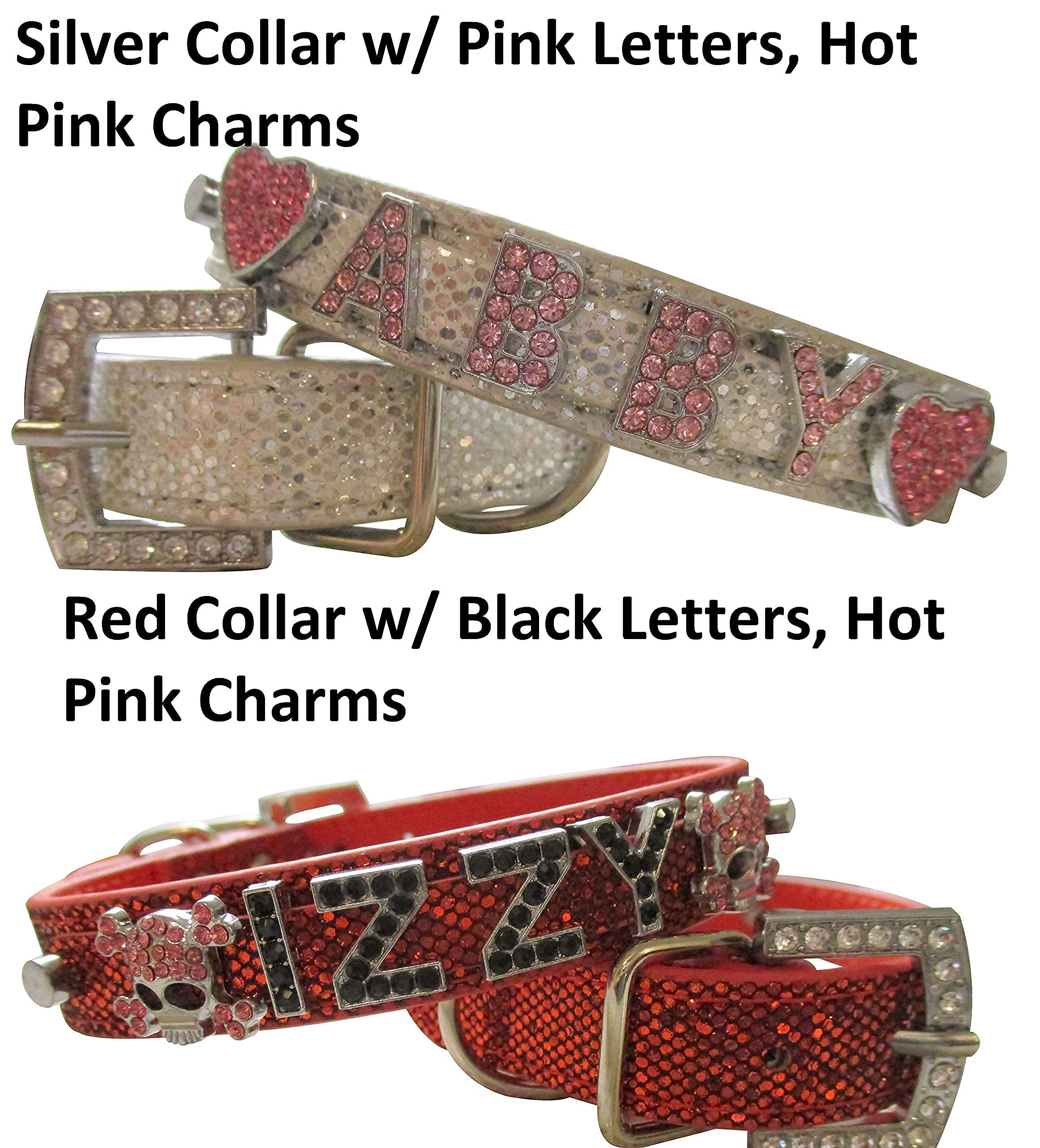 Bling Stuff For Fun, Personalized Customized Pu Leather Glitter Rhinestone Bling Name Collar For Dogs & Puppies, S, M, L