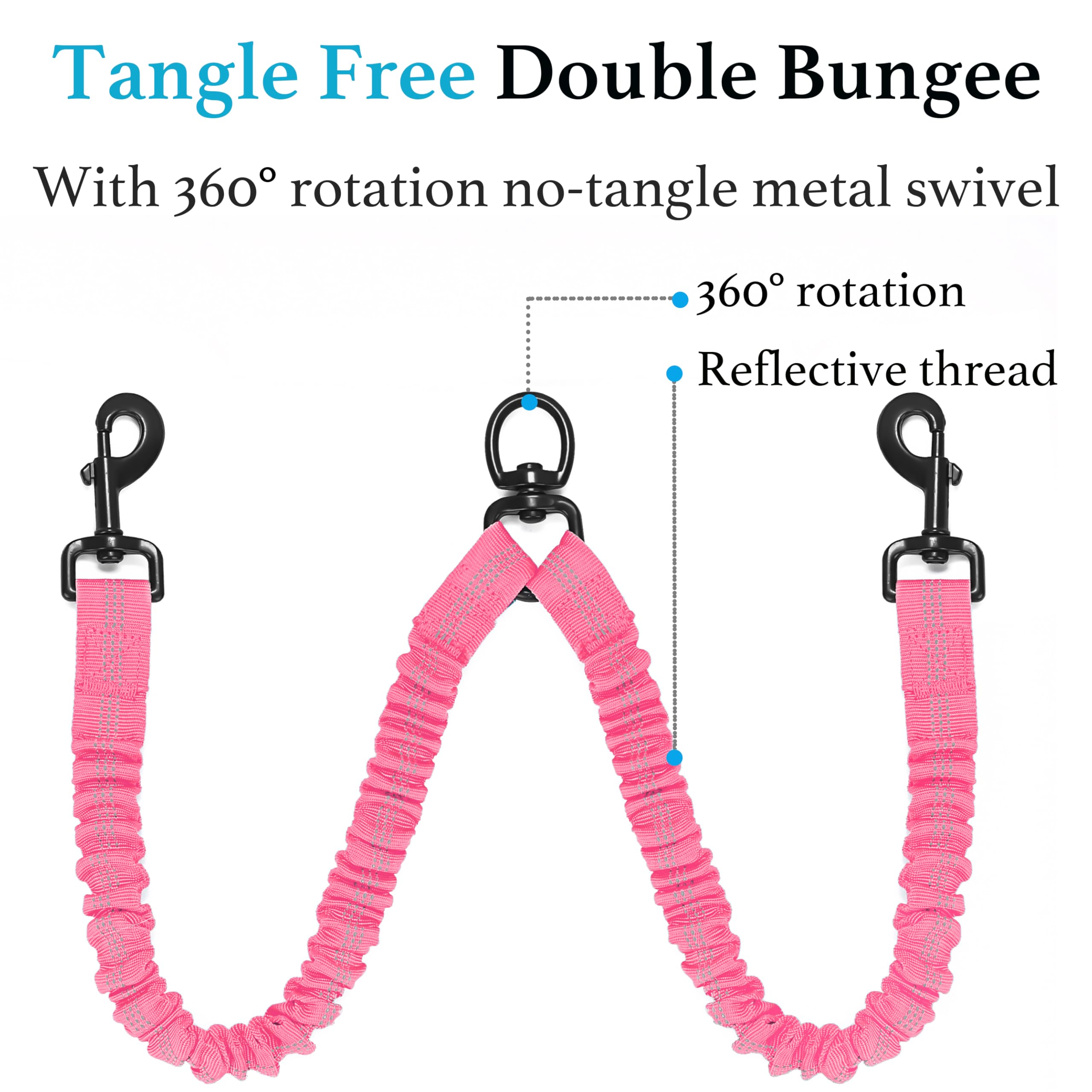 Iyoshop Dual Dog Leash, Double Dog Leash, 360 Swivel No Tangle Walking Leash, Shock Absorbing Bungee For Two Dogs, Pink, Large (25-150 Lbs)