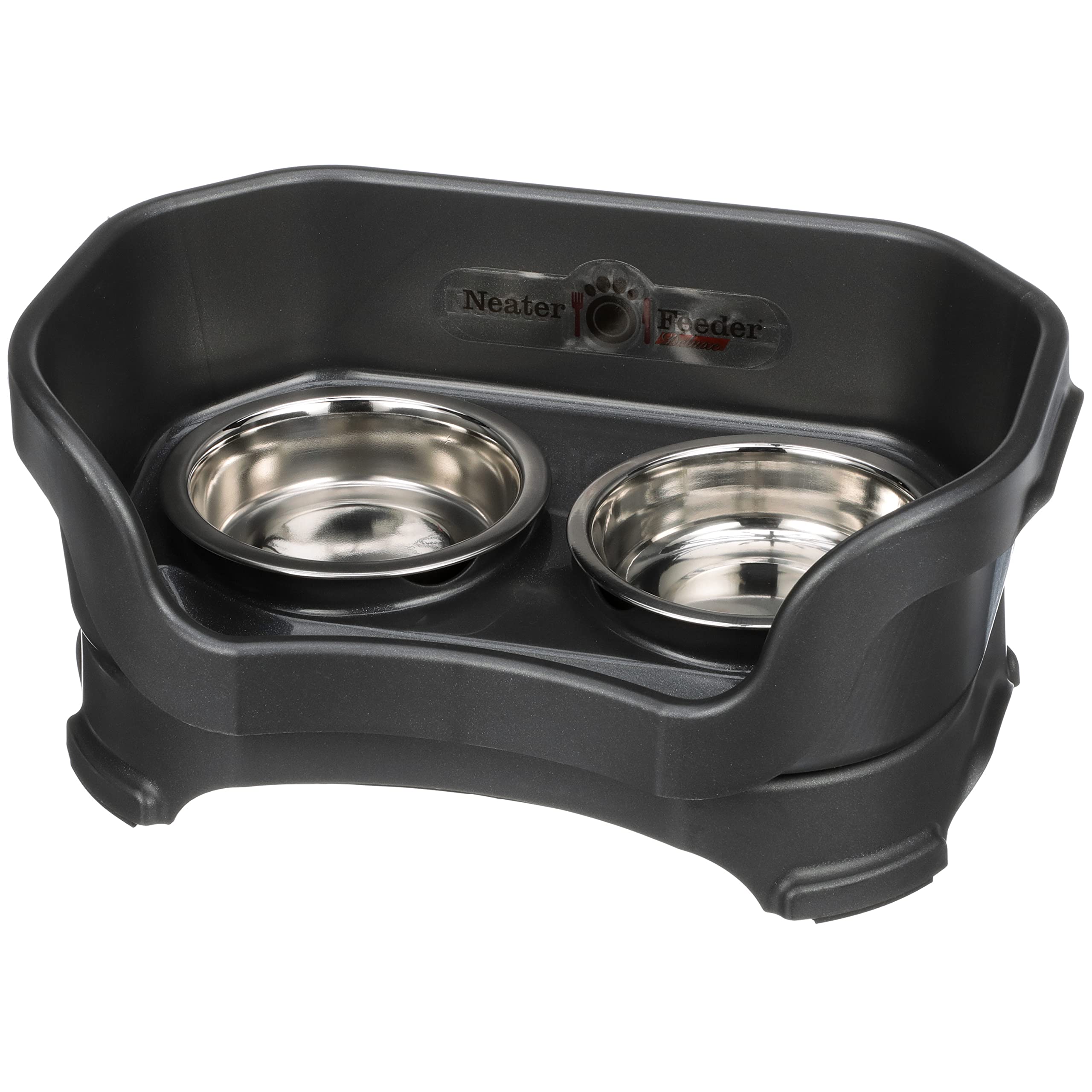 Neater Feeder Deluxe Cat (Midnight Black) - Mess Proof Elevated Bowls, No Tip Non Slip, Stainless Steel Cat Food and Water Dish 