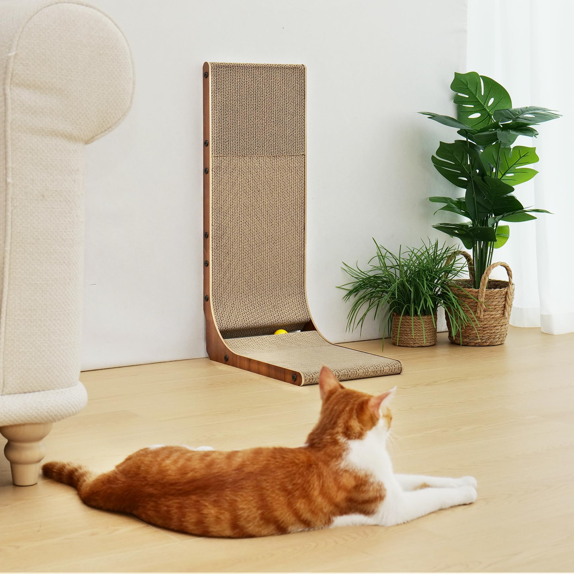 FUKUMARU Cat Scratcher, 26.8 Inch Cat Scratch Pad for Indoor Cats, L Shaped Cardboard Vertical Cats Scratching Board with Ball T